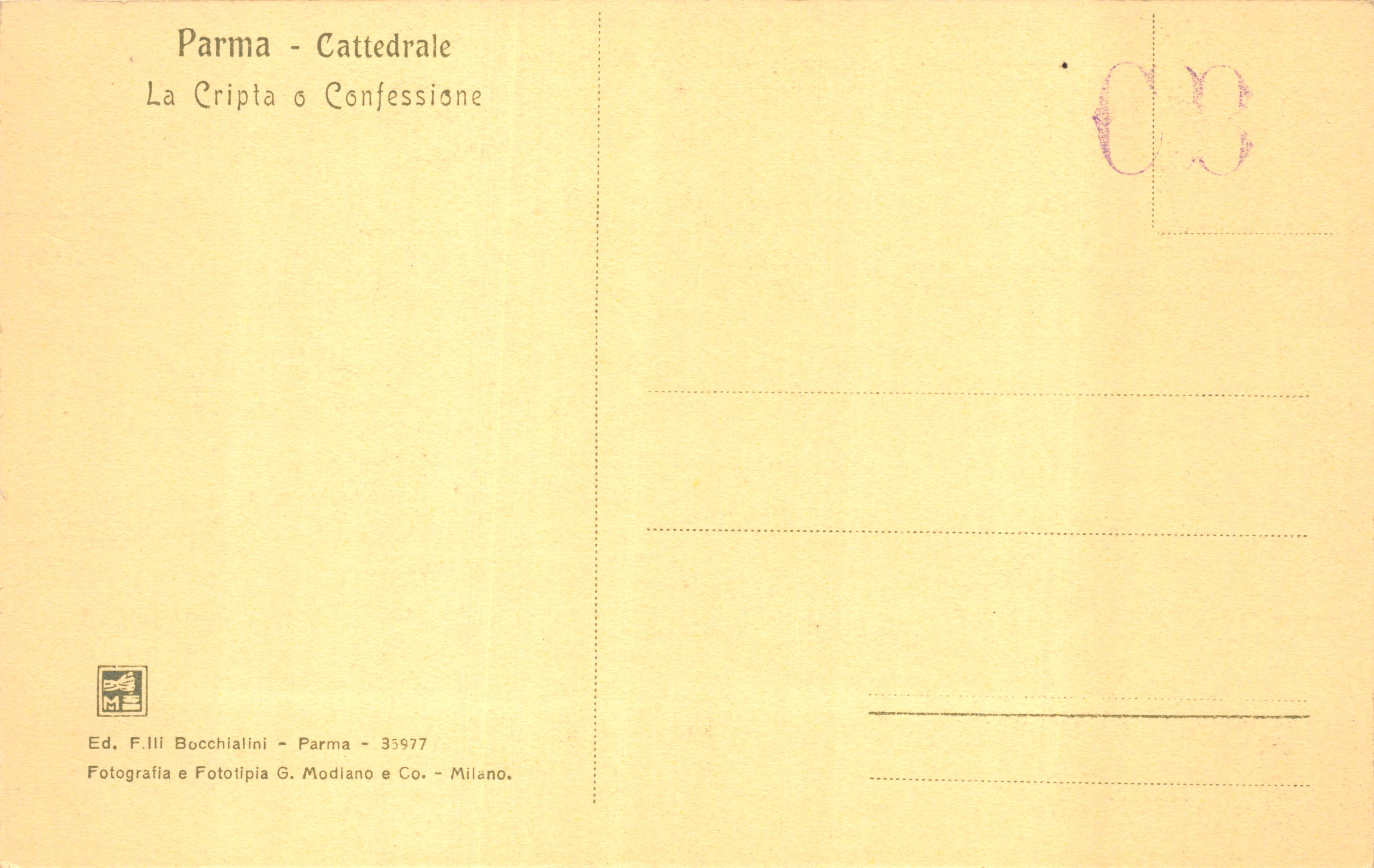 Parma - Cathédrale — La Cripta ou Confession — Éditeur F.lli Bocchialini, n° 35977 — Rückseite