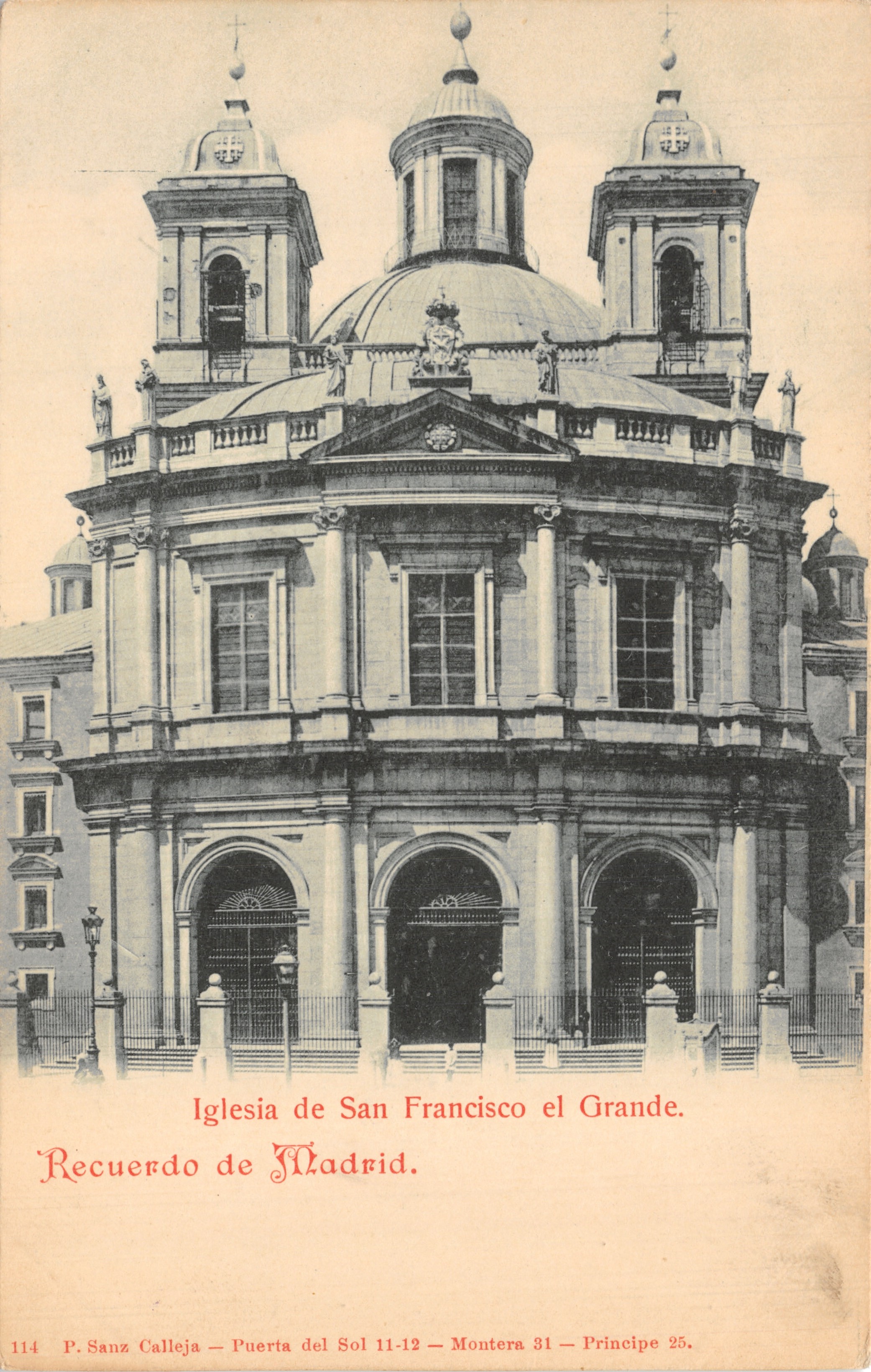 Iglesia de San Francisco el Grande — façade baroque avec dômes et colonnes — éditeur P. Sanz Calleja, n° 114