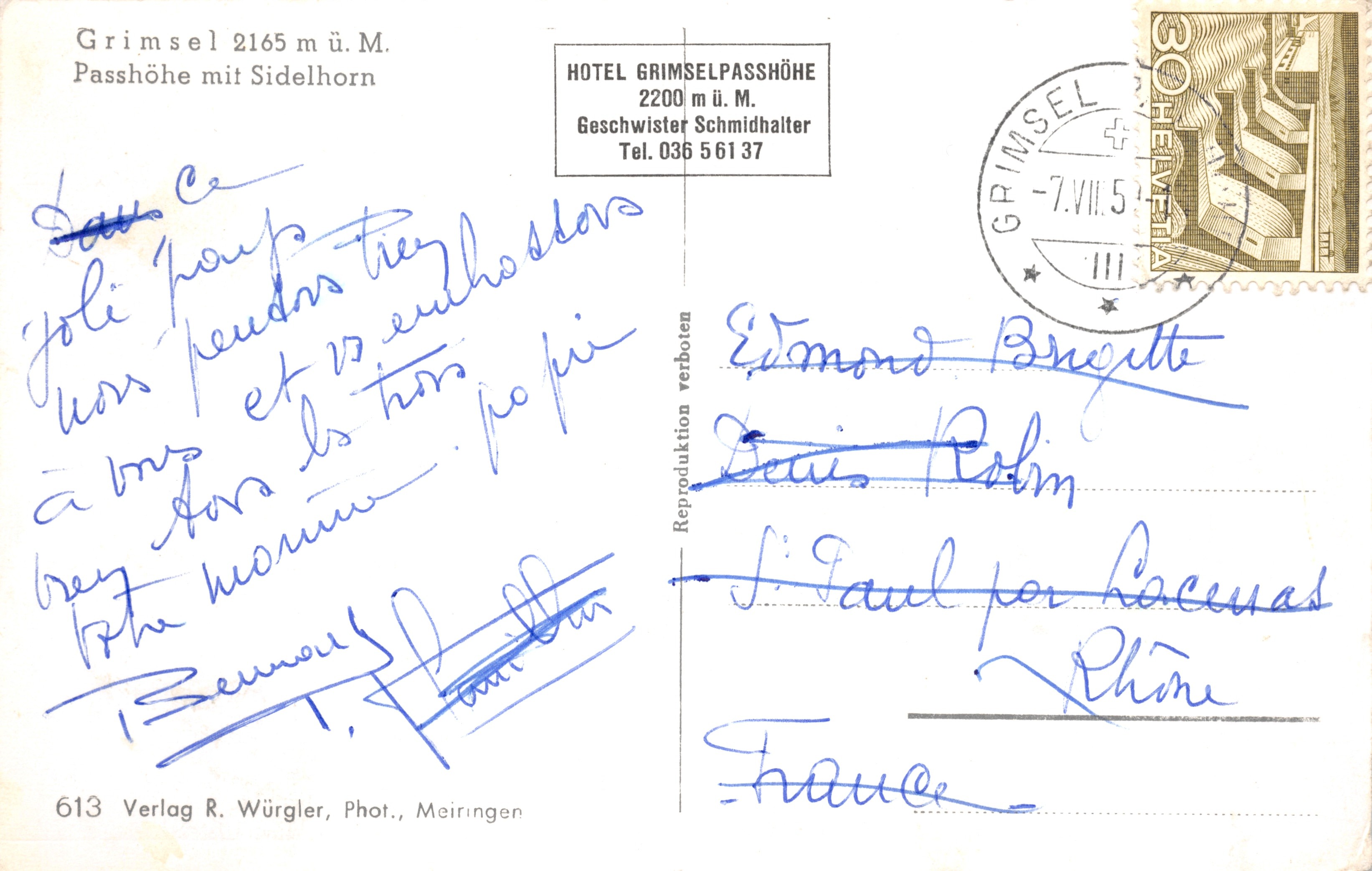 GrimseLPasshöhe — Ansicht des Passes mit dem Sidelhorn im Hintergrund — Verlag R. Würgler, Phot., Meiringen, Nr. 613 — Rückseite