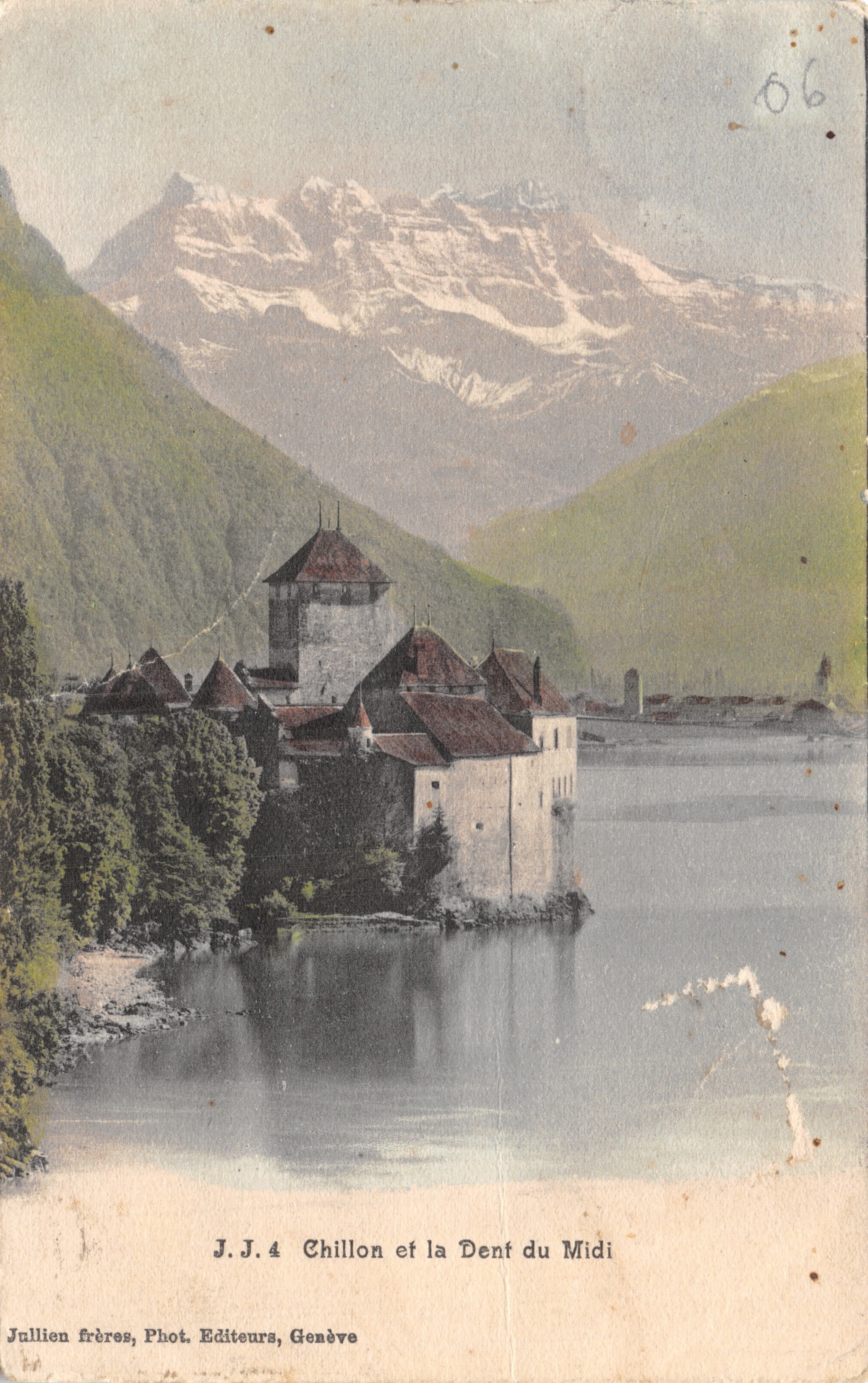 Chillon y la Dent du Midi — castillo sobre el lago, montaña nevada — Jullien frères, Foto. Editores, Ginebra, n.º J.J.4