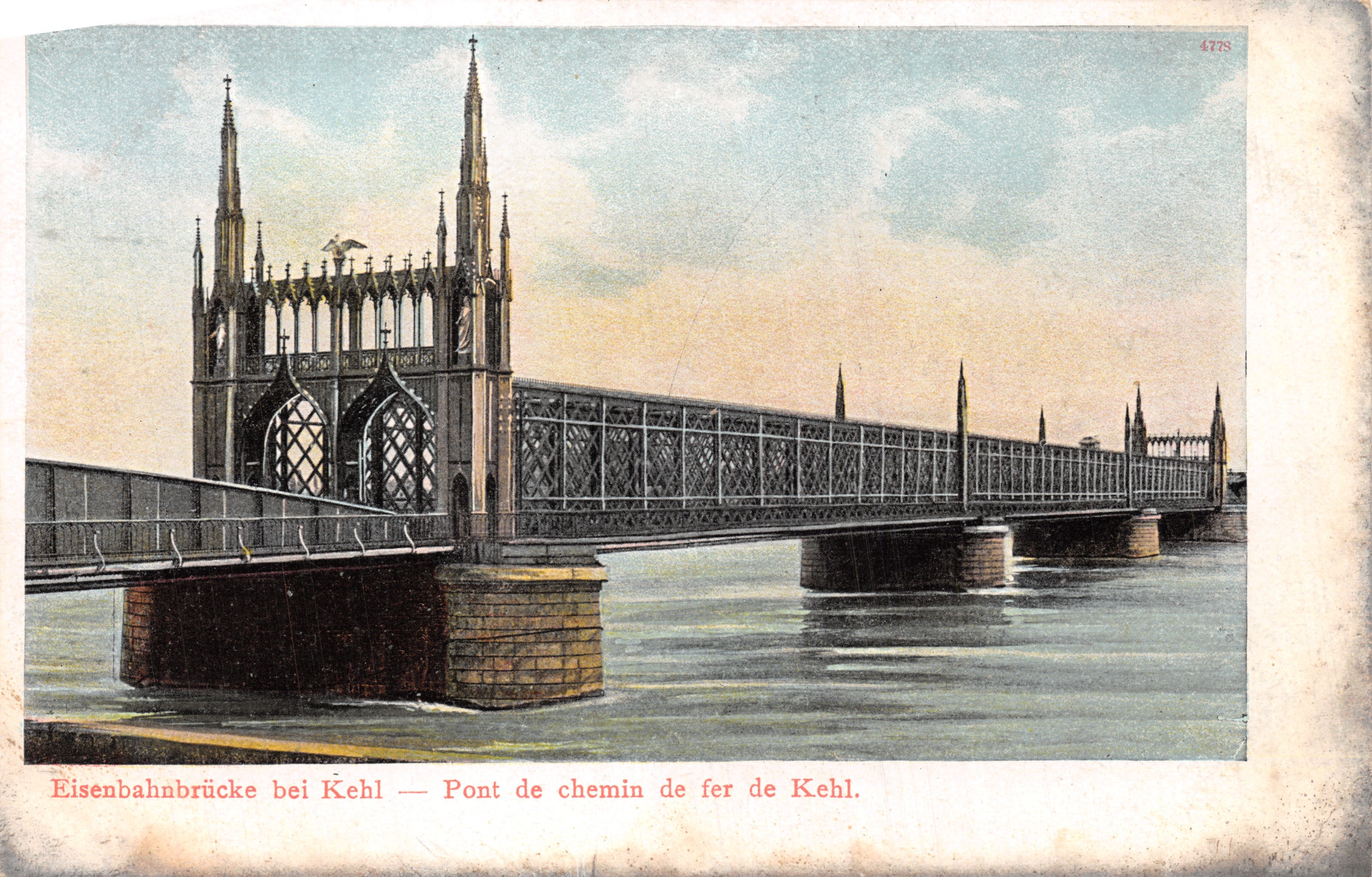 Spoorbrug van Kehl — metaalbrug met gotische torens — uitgever Felix Luib, Straatsburg