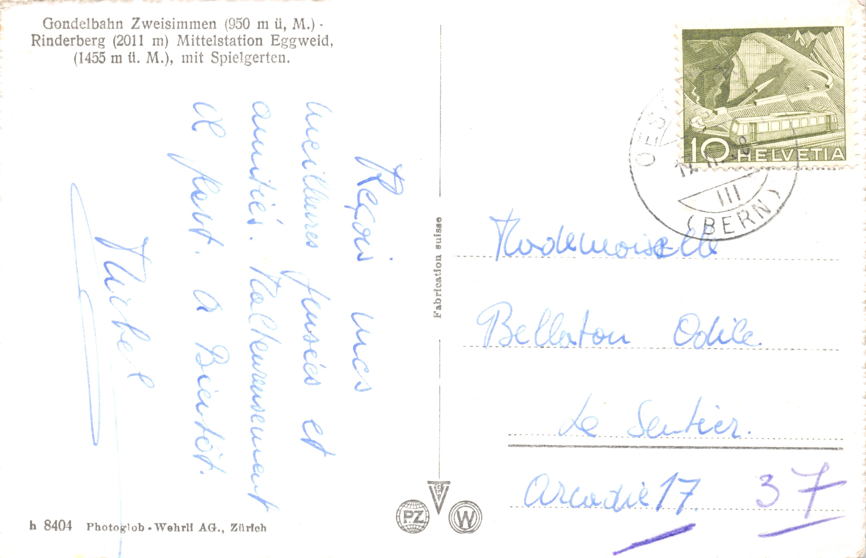 Funivia Zweisimmen — Rinderberg (2011 m) con Spielgerten — Photoglob-Wehrli AG, Zürich, n. h 8404 — Verso