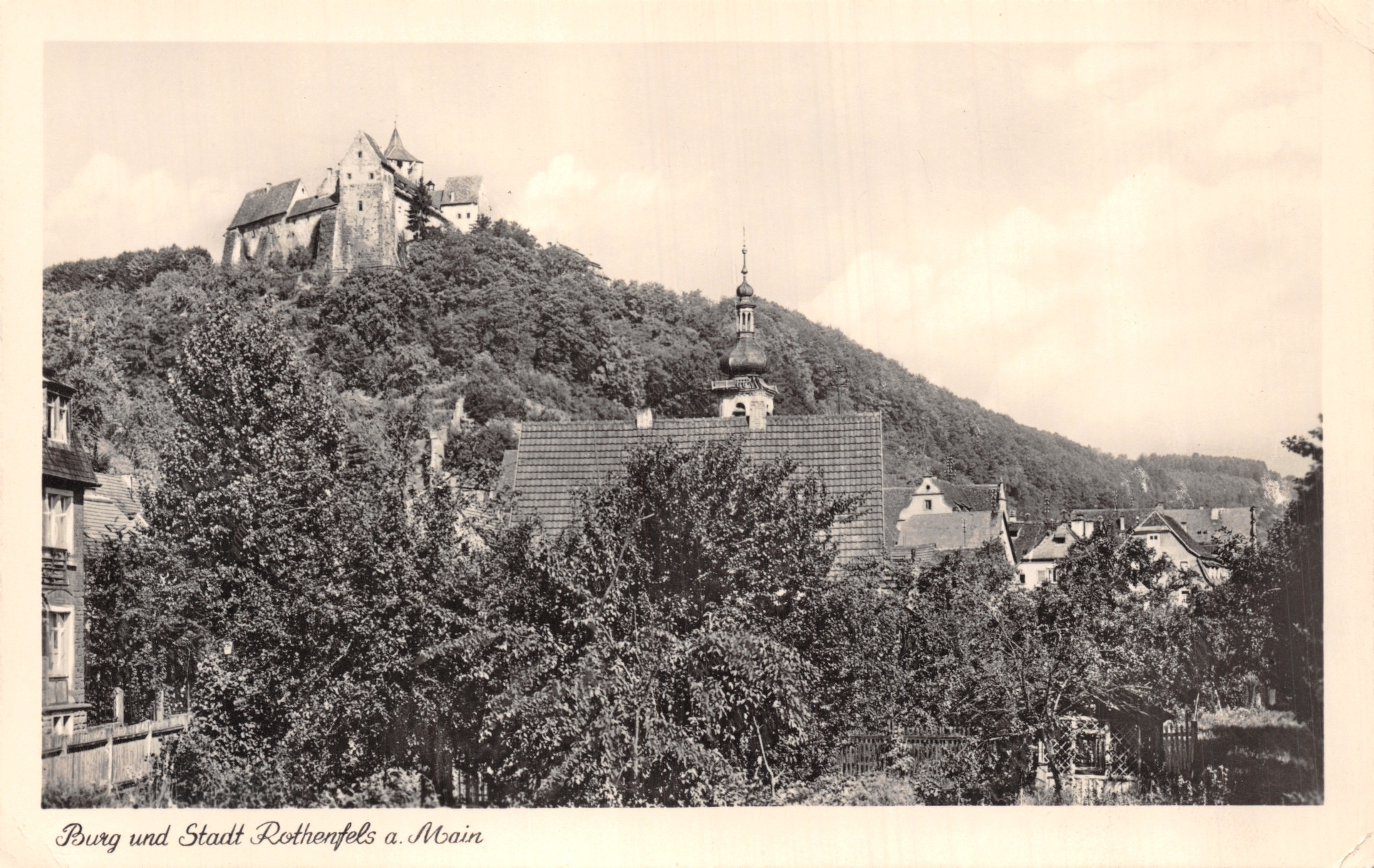 Burg i miasto Rothenfels nad Mainem — zamek na wzgórzu, wydawca Graph. Kunst- und Verlagsanstalt A. Weber & Co. Stuttgart, nr 160815