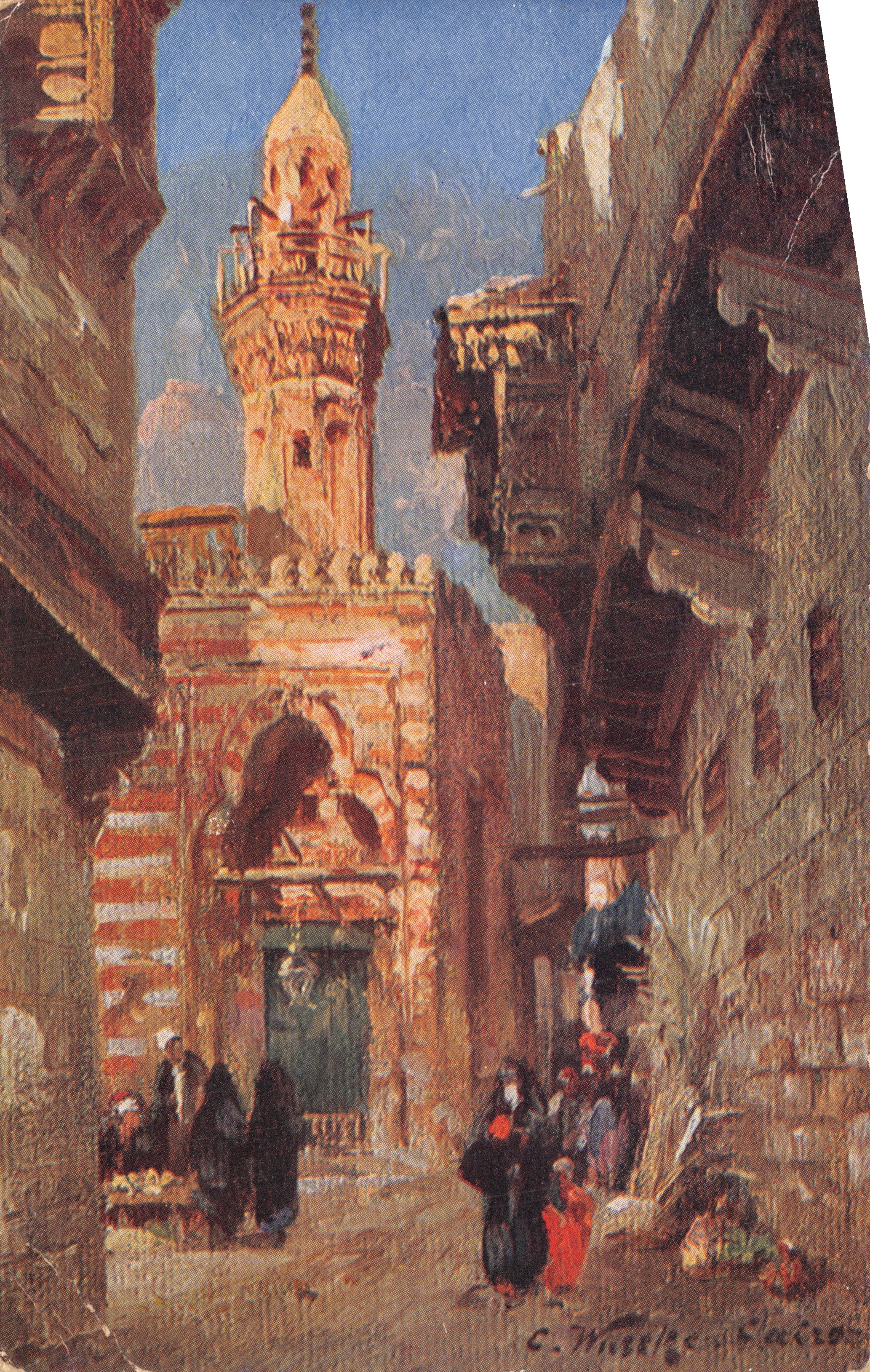 Vista della strada a Cairo — moschea con minareto — editore C. M. Thévenin-Carros