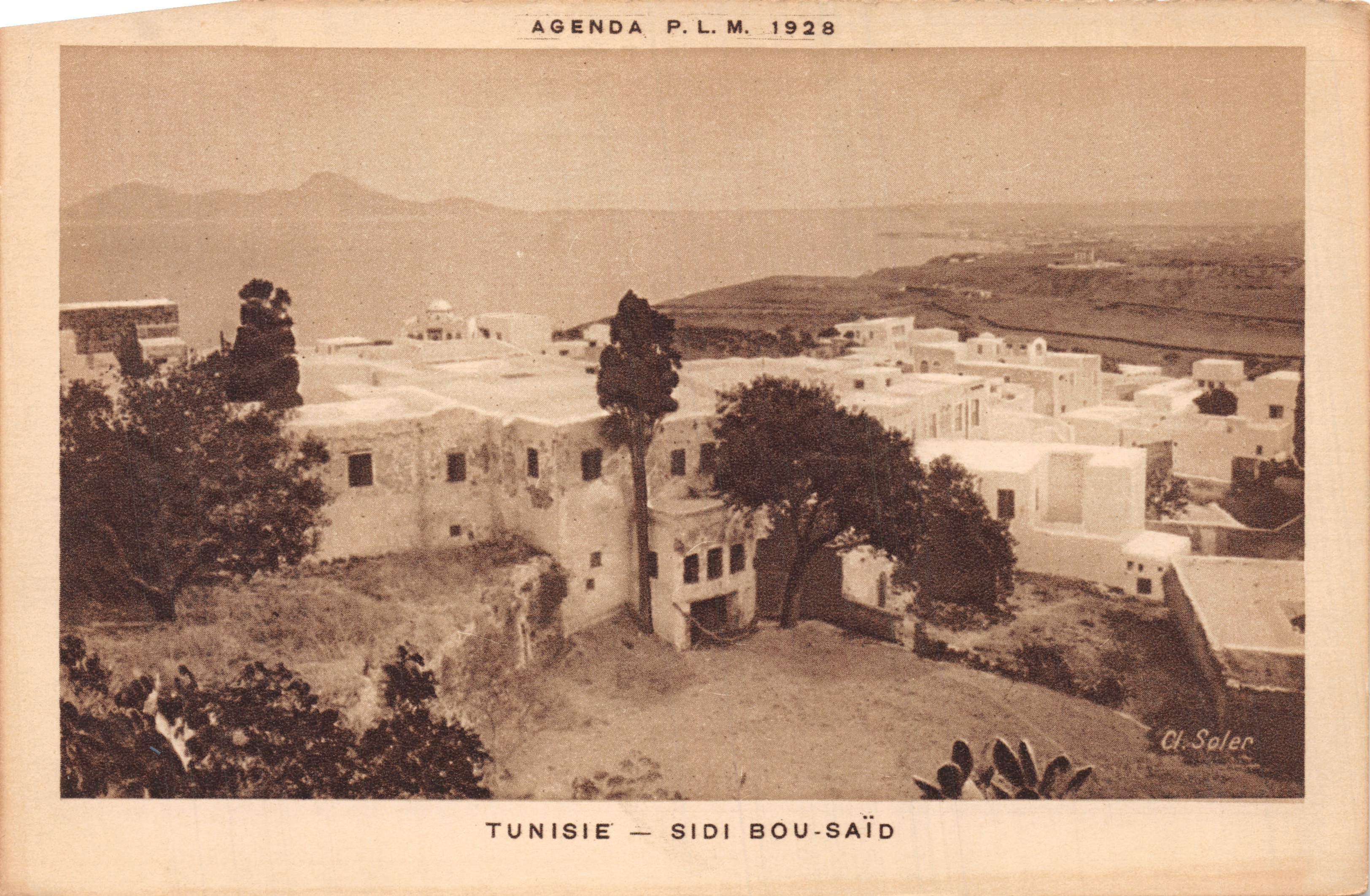 Tunisia — Sidi Bou-Saïd — vista panoramica degli edifici bianchi e delle colline — editore Cl.-Solec, serie Agenda P.L.M. 1928