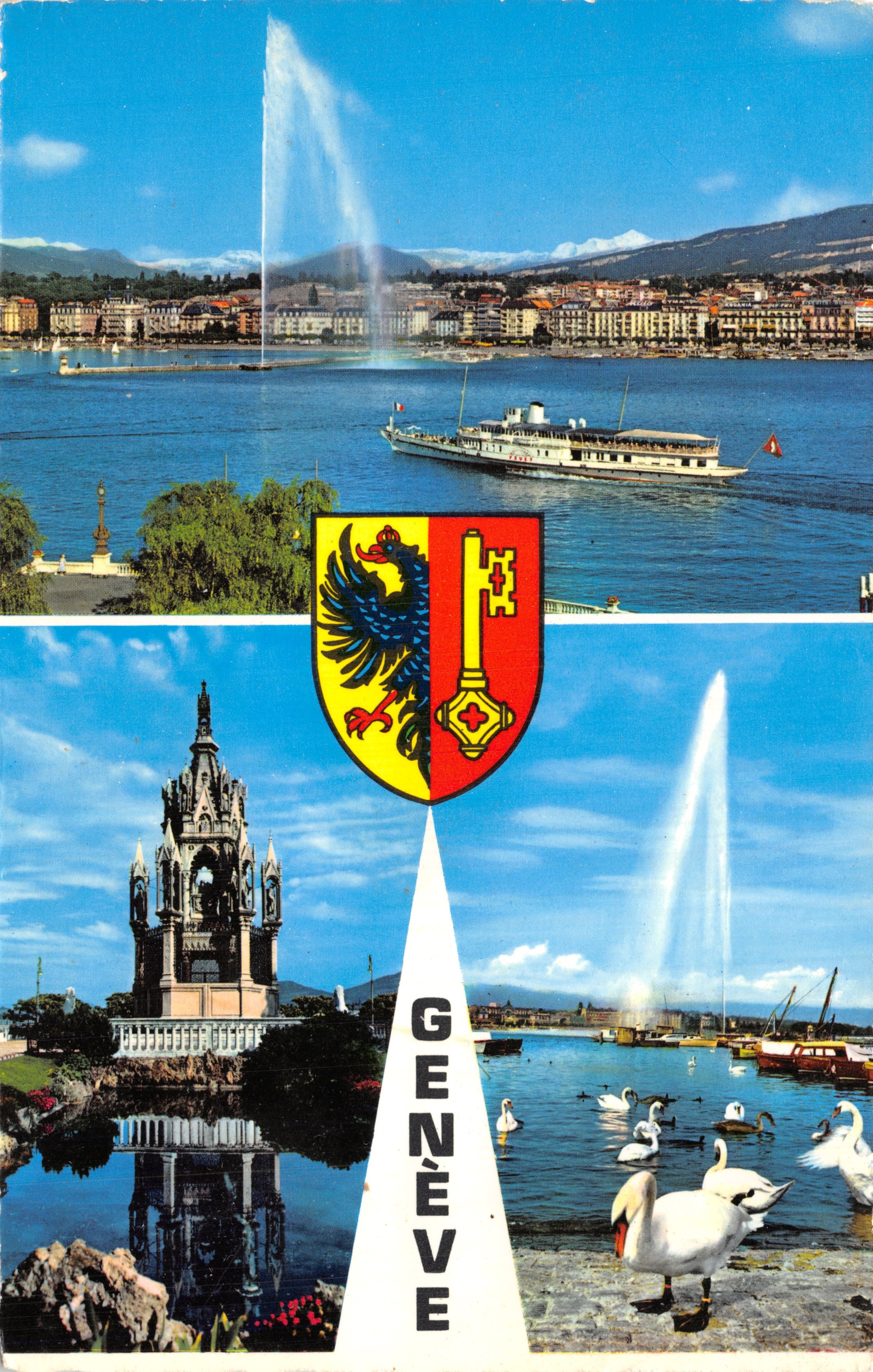Ginevra — Getto d'acqua, Monumento Brunswick e cigni — editore BOVEY & Cie, n. 3020
