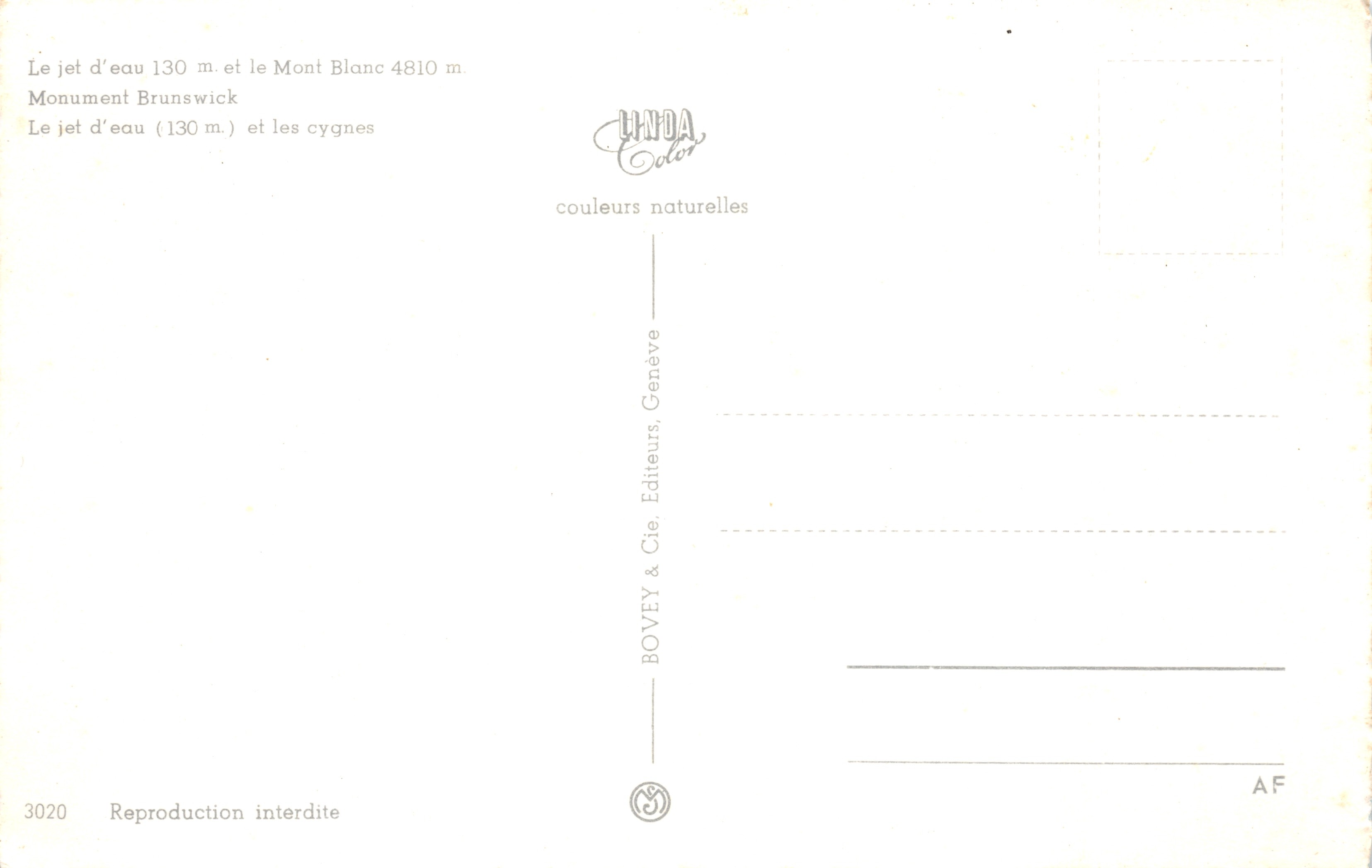 Ginevra — Getto d'acqua, Monumento Brunswick e cigni — editore BOVEY & Cie, n. 3020 — Verso