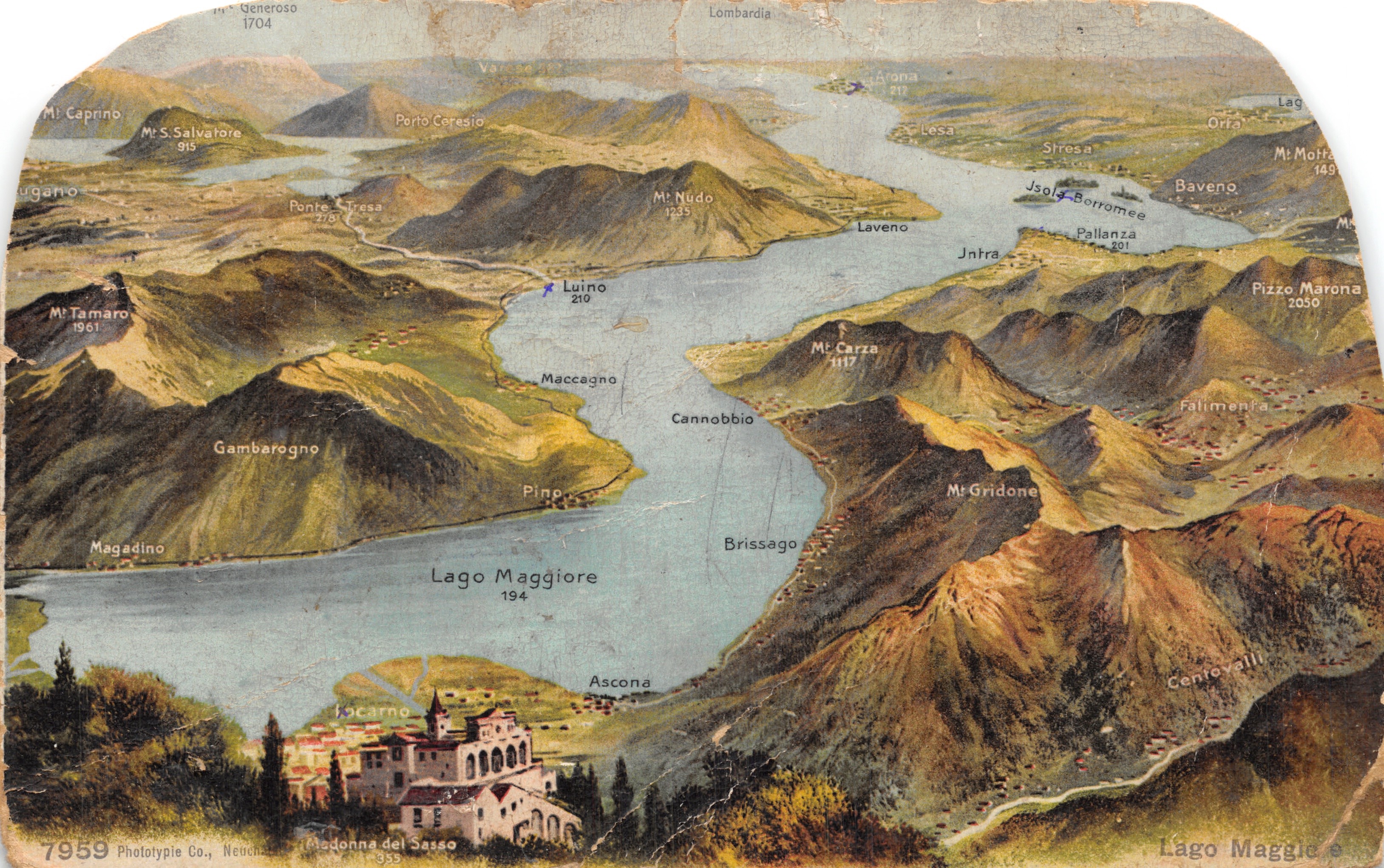 Lago Maggiore — vista panorámica con editor Phototype Co., Neuchâtel y n.º 7959