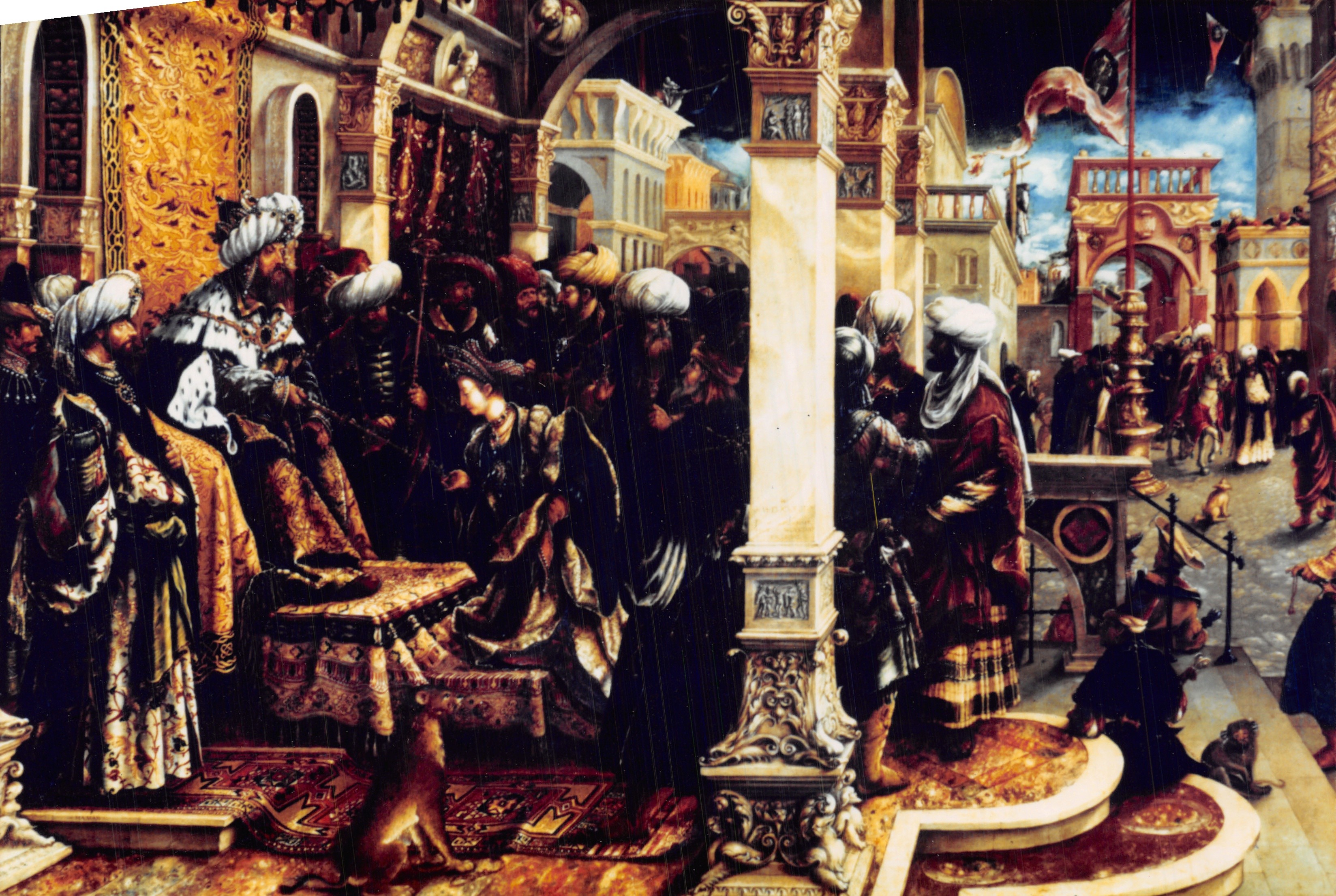 एस्थर अहासवर के सामने — बाइबिल के दृश्य — प्रकाशक: हैंस बर्गक्मेयर (1483-1531)