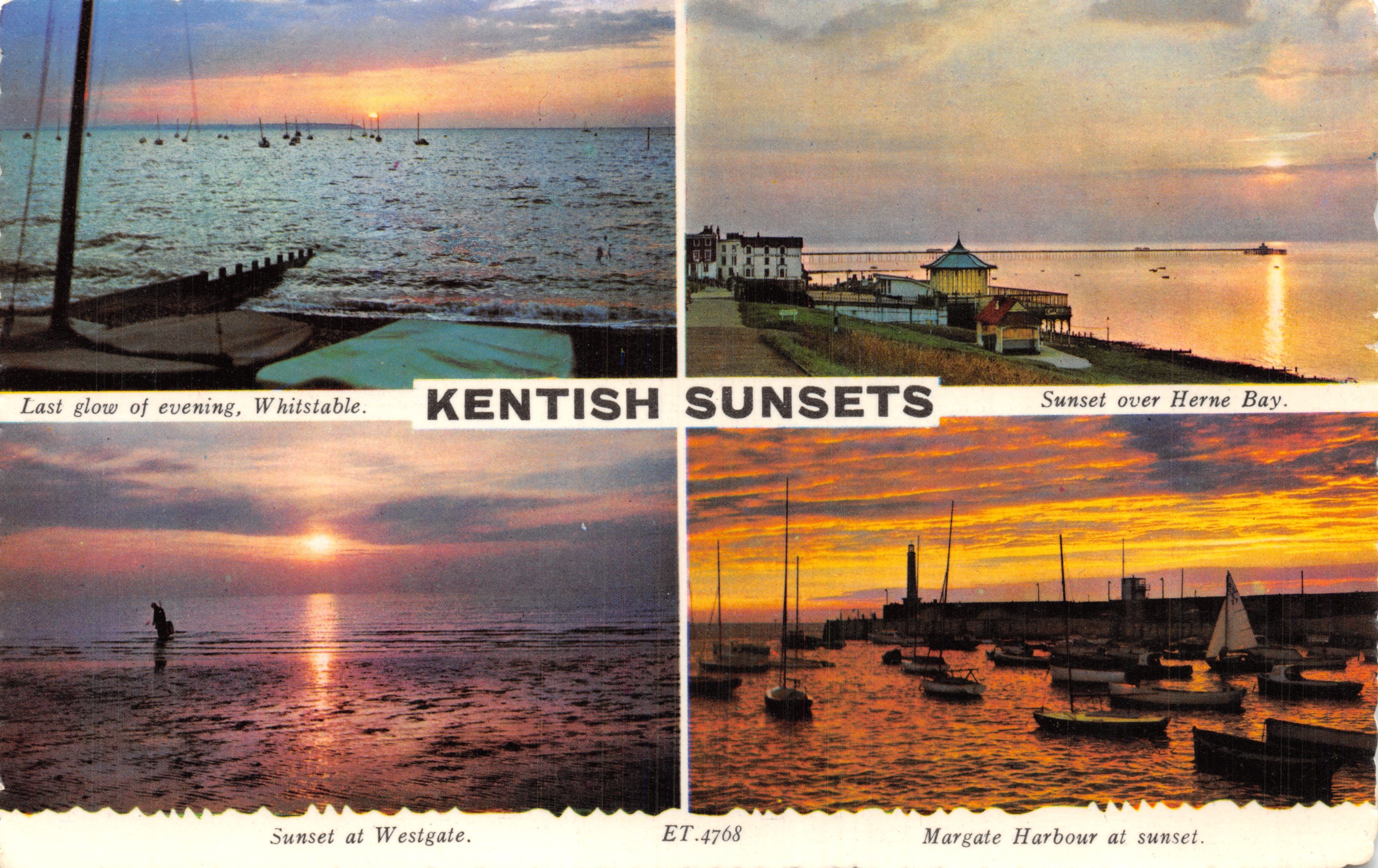 Kentish Sunsets — Laatste gloed van de avond, Whitstable. Zonsondergang over Herne Bay. Zonsondergang bij Westgate. Margate Haven bij zonsondergang. — Valentine Printers & Publishers, Dundee & London, n° ET.4768