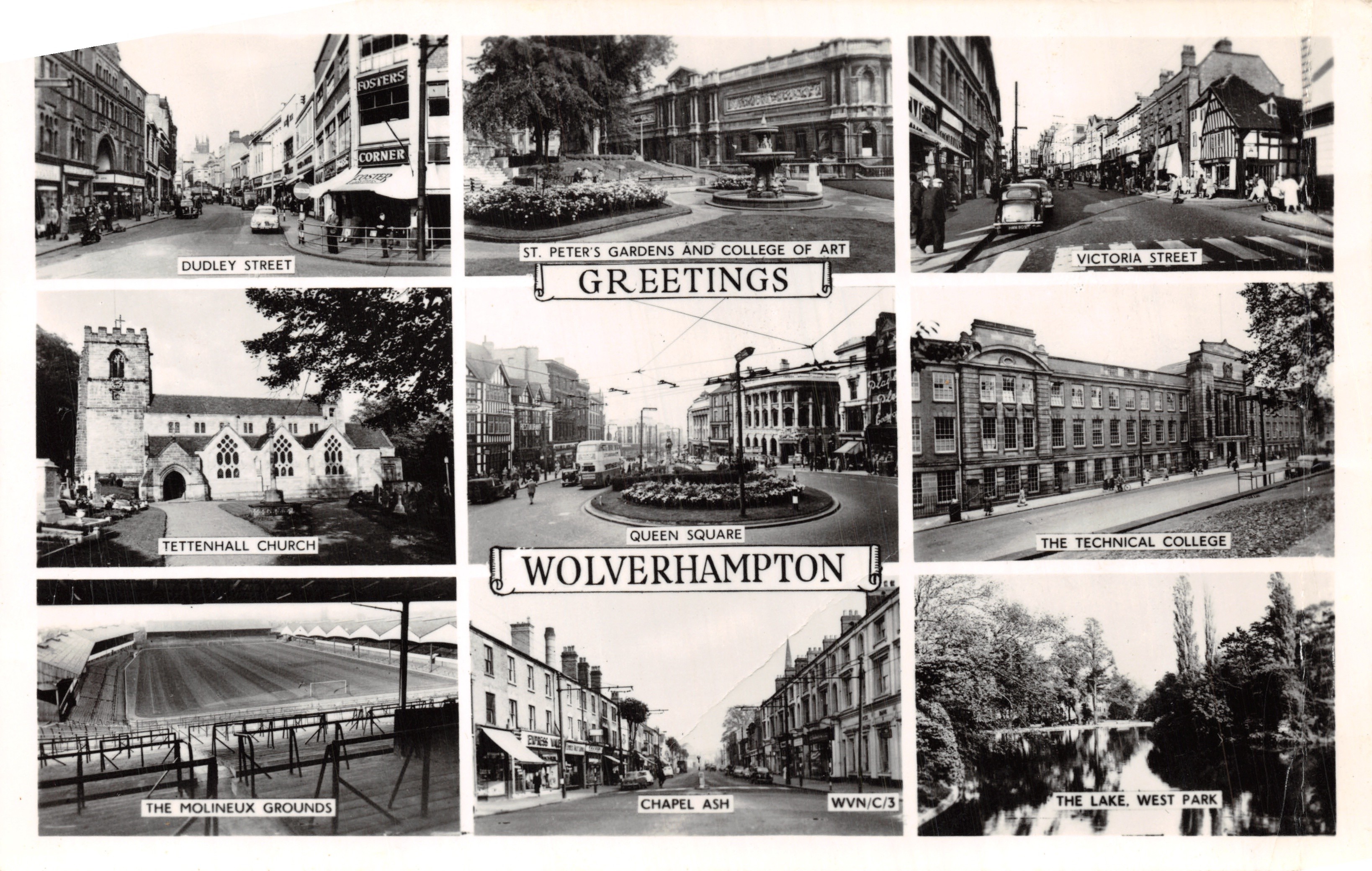 Wolverhampton — vista panoramica con Dudley Street, St. Peter's Gardens e College of Art, Victoria Street, Tettenhall Church, Queen Square, The Technical College, The Molineux Grounds, Chapel Ash e The Lake, West Park — editore MASON'S ALPHA