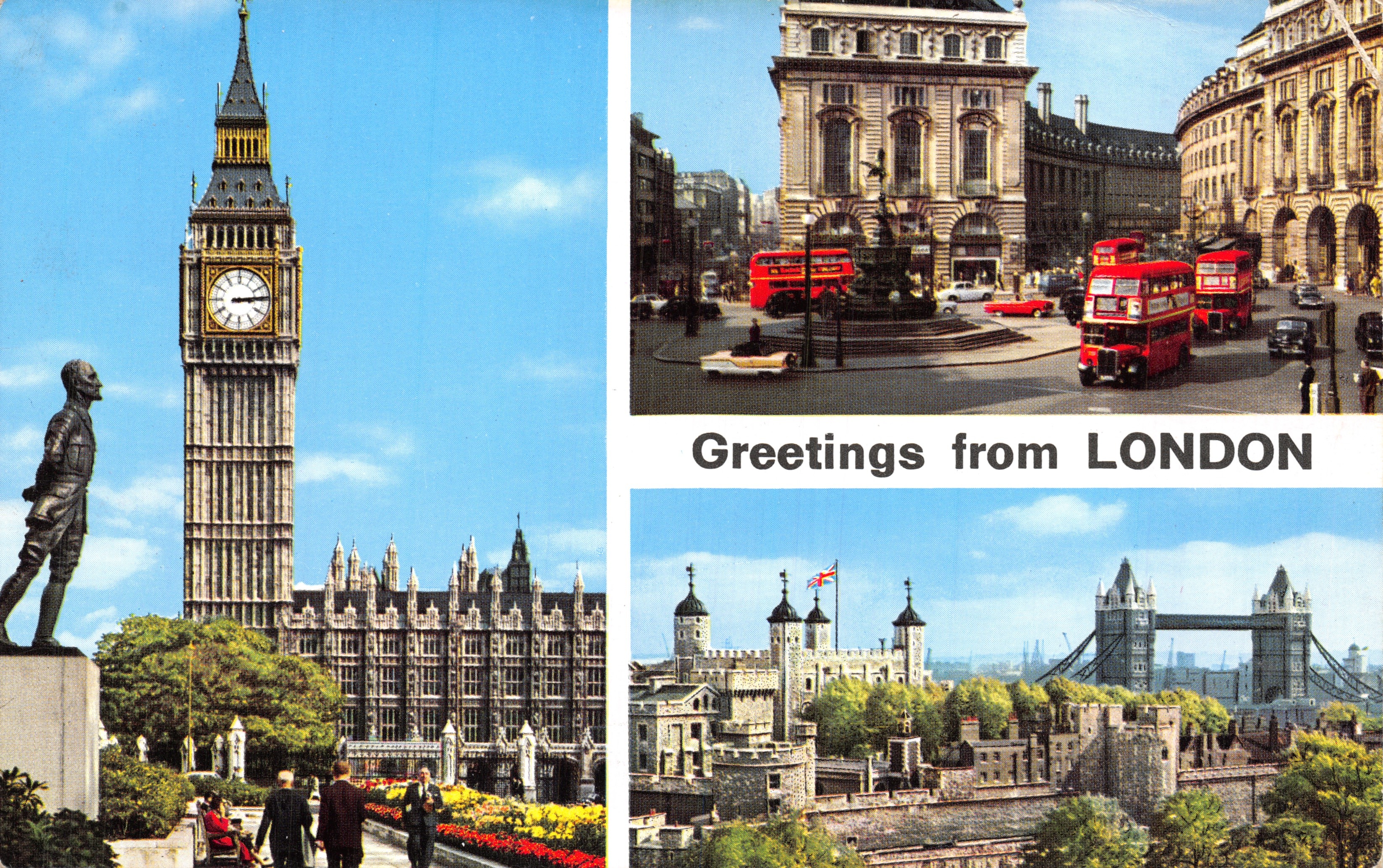 Londyn — widok z Big Ben, czerwonych autobusów i mostu Tower — wydawnictwo John Hinde Ltd