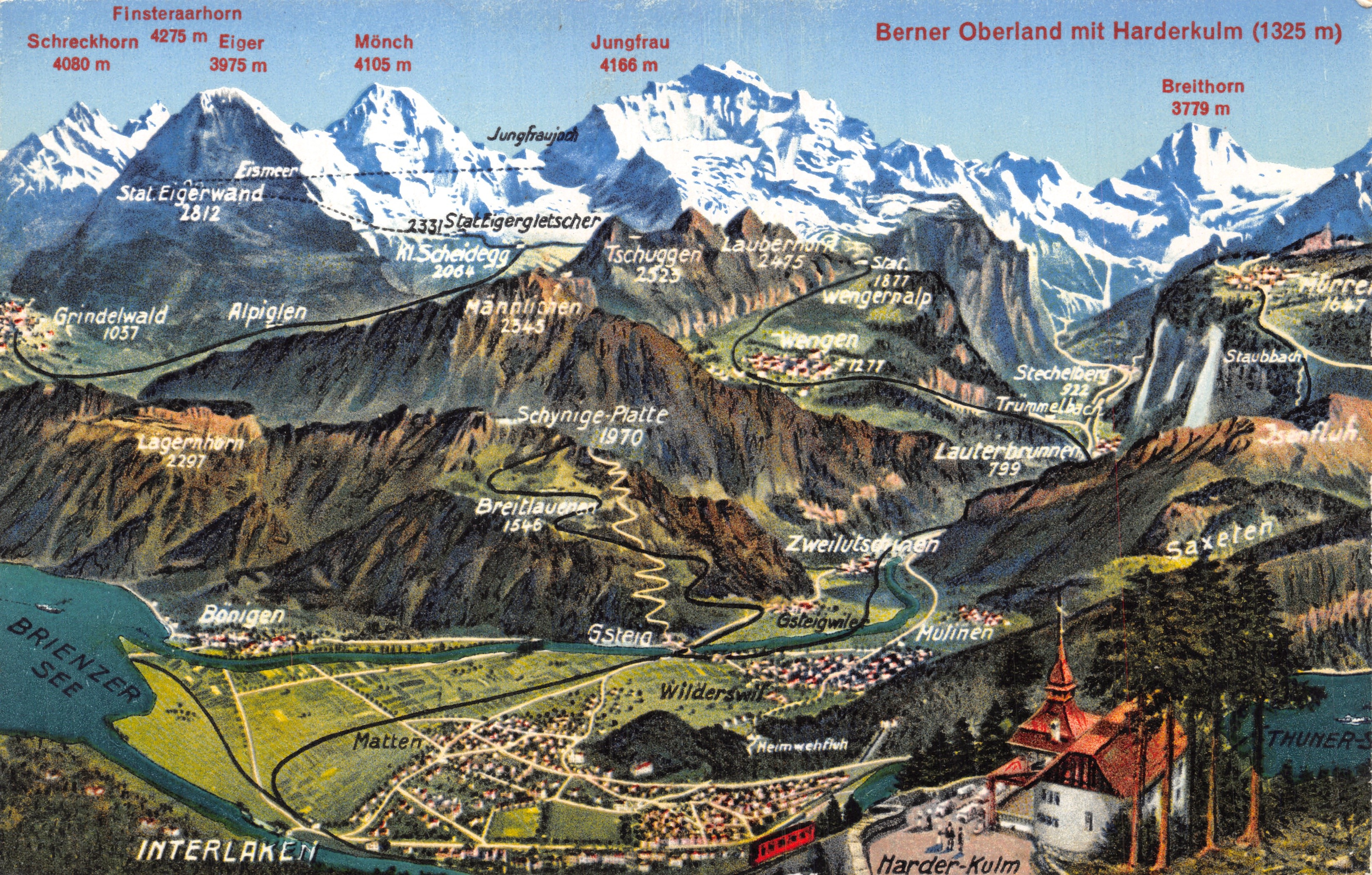 Berner Oberland con el Harder Kulm — vista panorámica ilustrada — editor Photoglob-Wehrli A.G., Zúrich, n.º a 3637