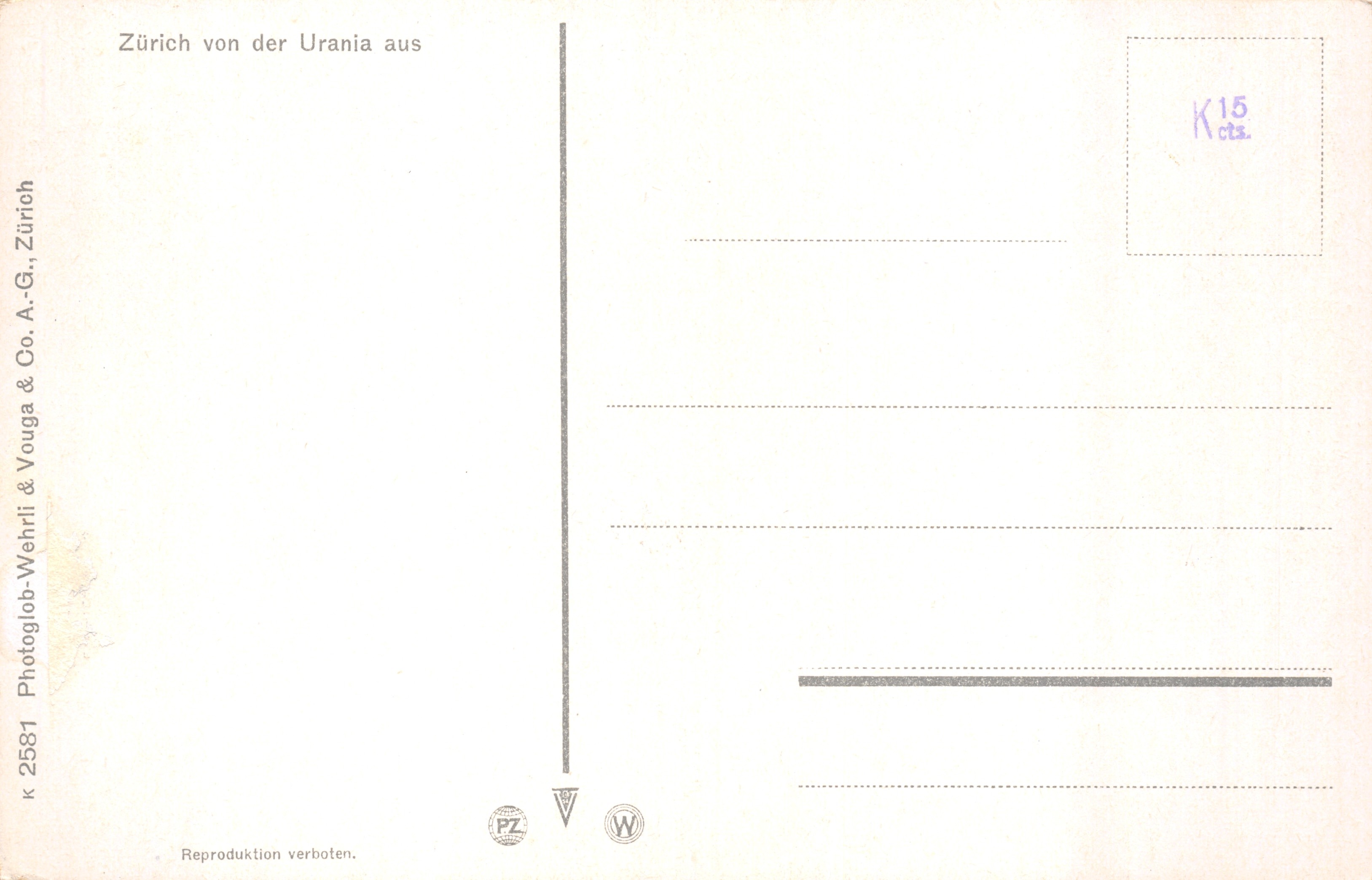 Zurigo — vista dalla Urania — editore Zurigo, Zurigo, A.-G. & Co. & Vouga — Verso