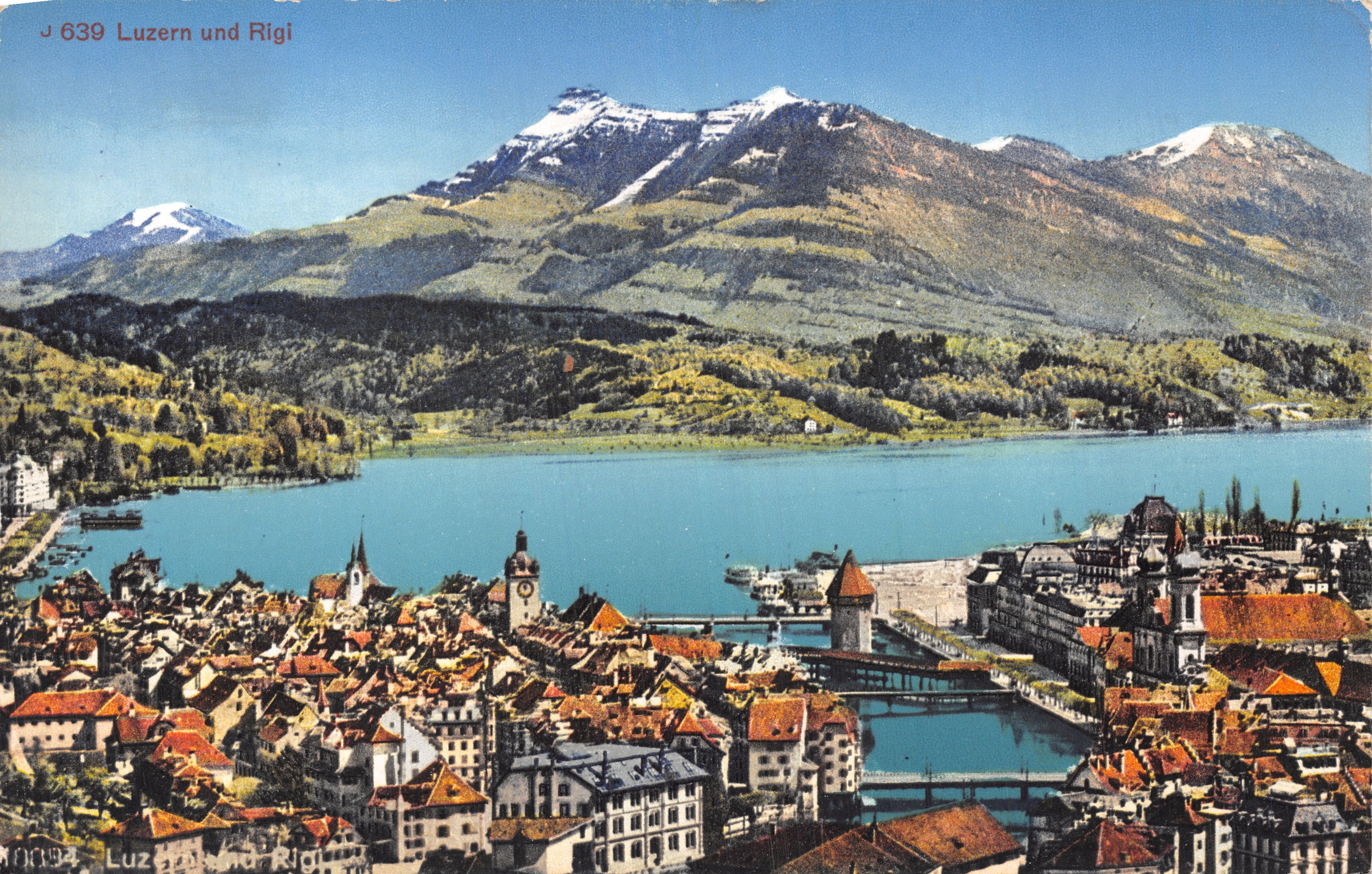Lucerne and Rigi — panoramic view of the lake and snow-capped mountains — publisher Photoglob Wehrli-Vouga A. G. Zurich, no. J 639