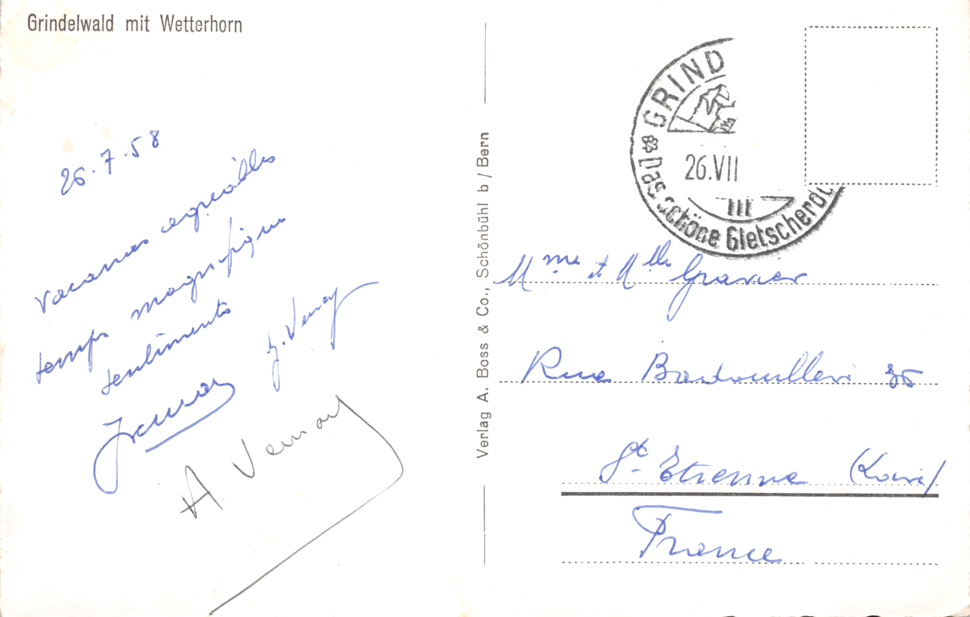 Grindelwald con il Wetterhorn — vista panoramica del paese e del sommo innevato — editore Verlag A. Boss & Co. Schönbühl, n. B 6122 — Verso