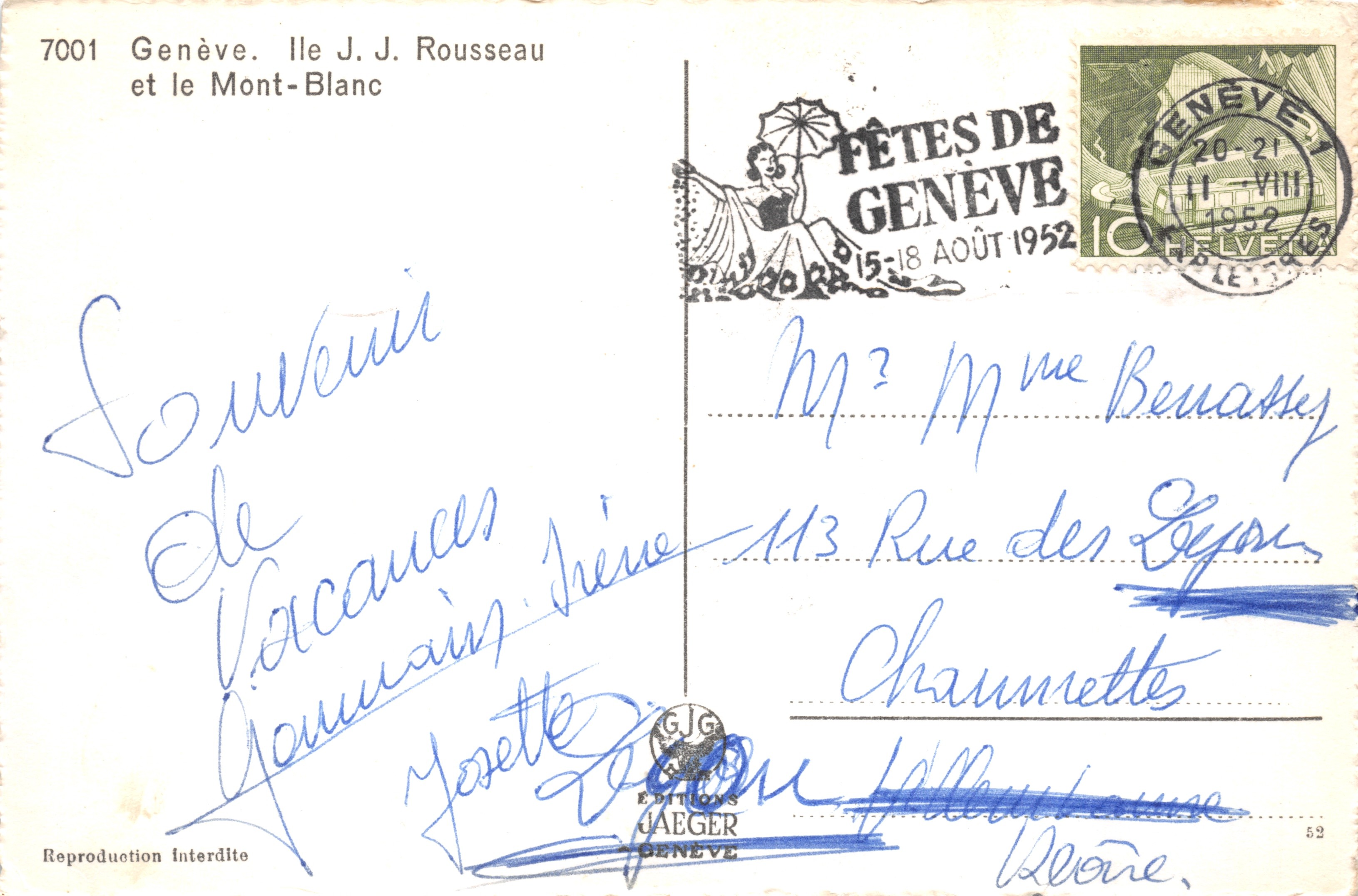 Genève. Île J.J. Rousseau et le Mont-Blanc — Éditions Jaeger, n° 7001 — Reverso