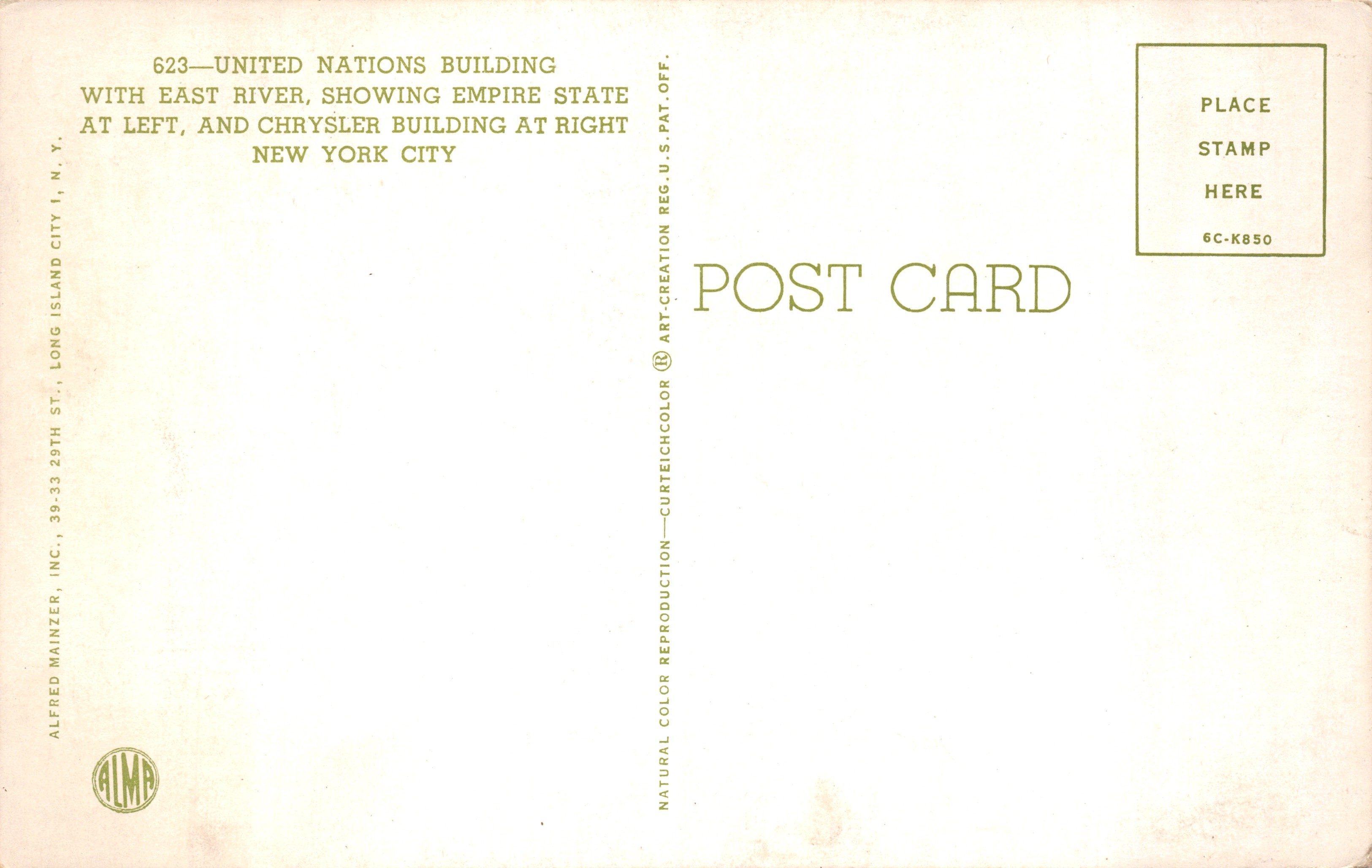 Bâtiment des Nations Unies — vue de la ville de New York avec l'Empire State Building à gauche et le Chrysler Building à droite — éditeur Alfred Mainzer, Inc — Verso