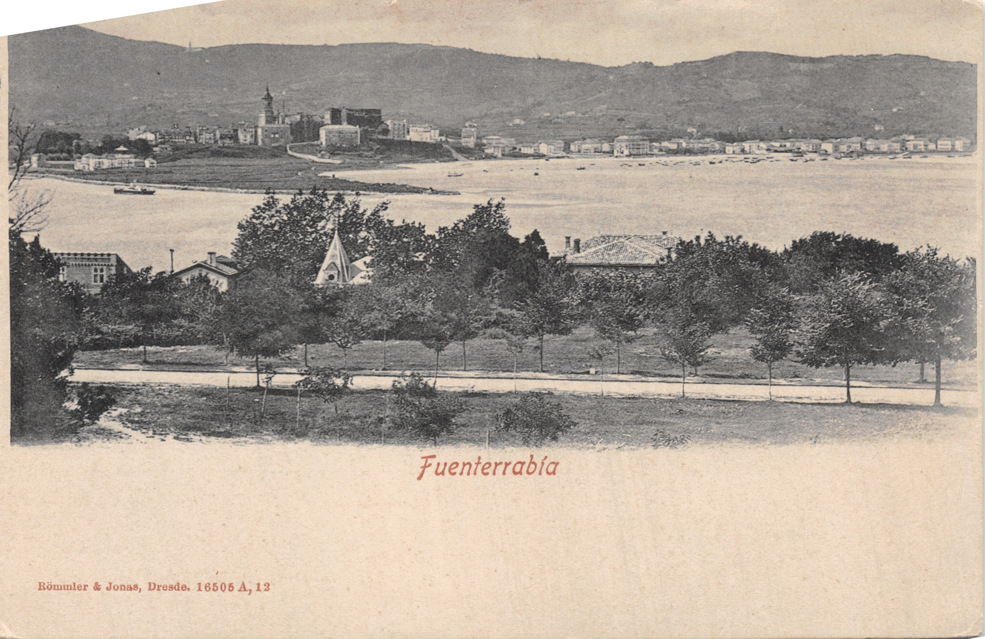 Fuenterrabía — vista panorámica del puerto y las colinas — editor Römmeler & Jonas, Dresden, n.º 16505 A,13