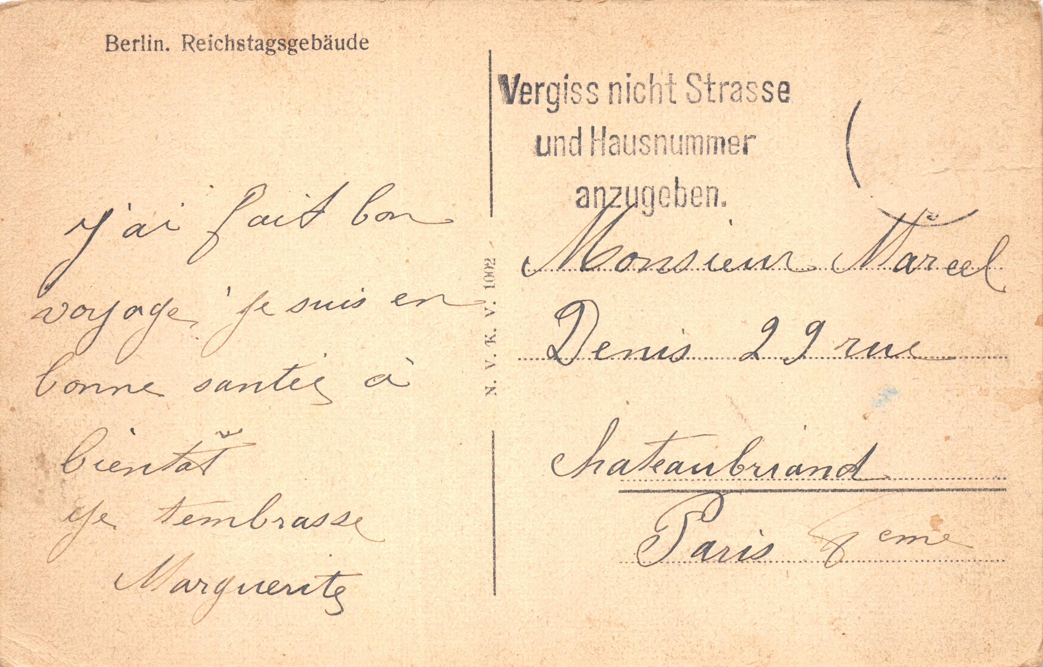 Berlin. Reichstag Building — view of the building with inscription 'TO THE GERMAN PEOPLE' — publisher N.V.K.V. 1002 — Back