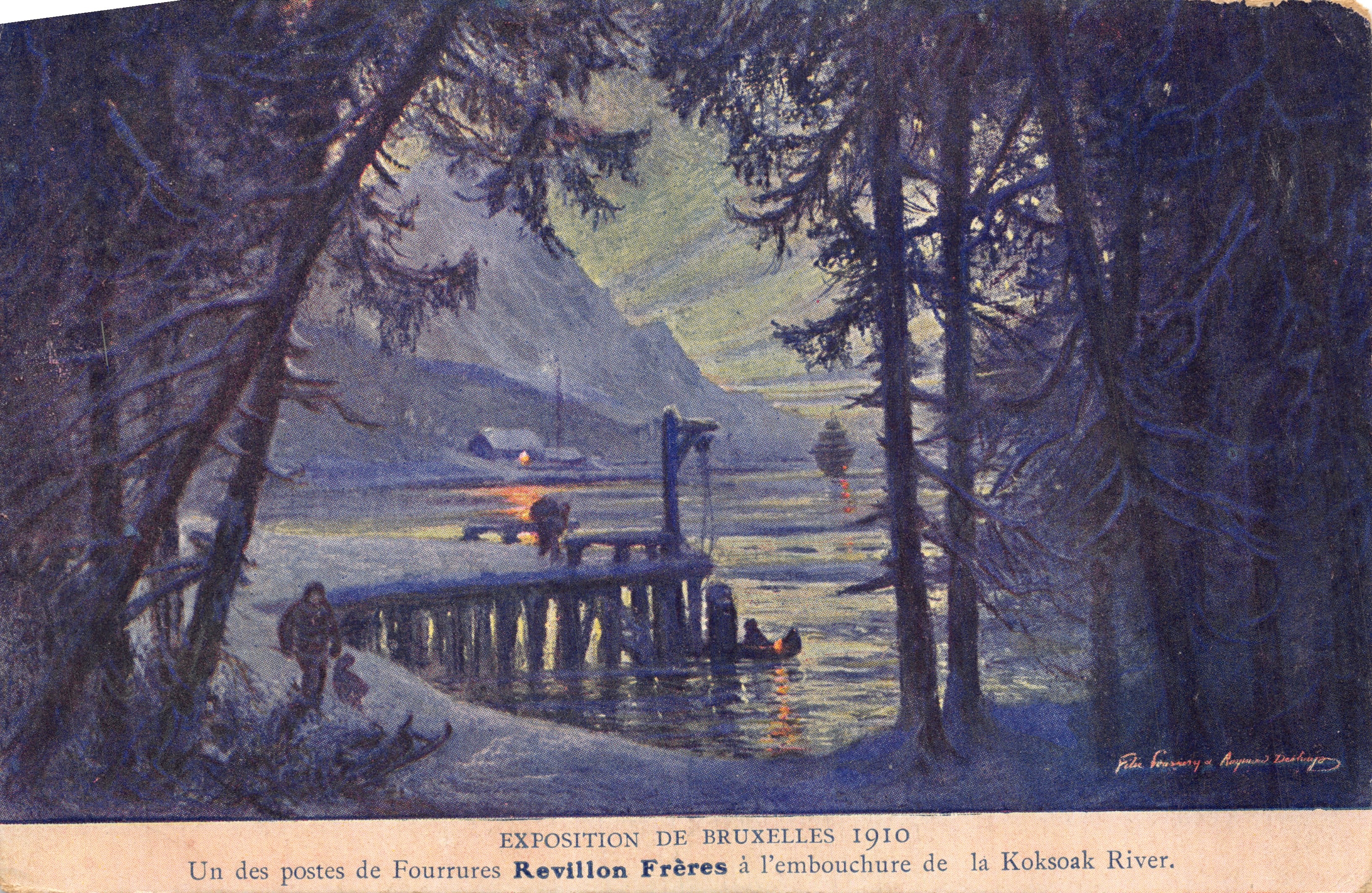 Widok stacji skóry przy ujściu rzeki Koksoak — Wystawa w Brukselii 1910, Revillon Frères