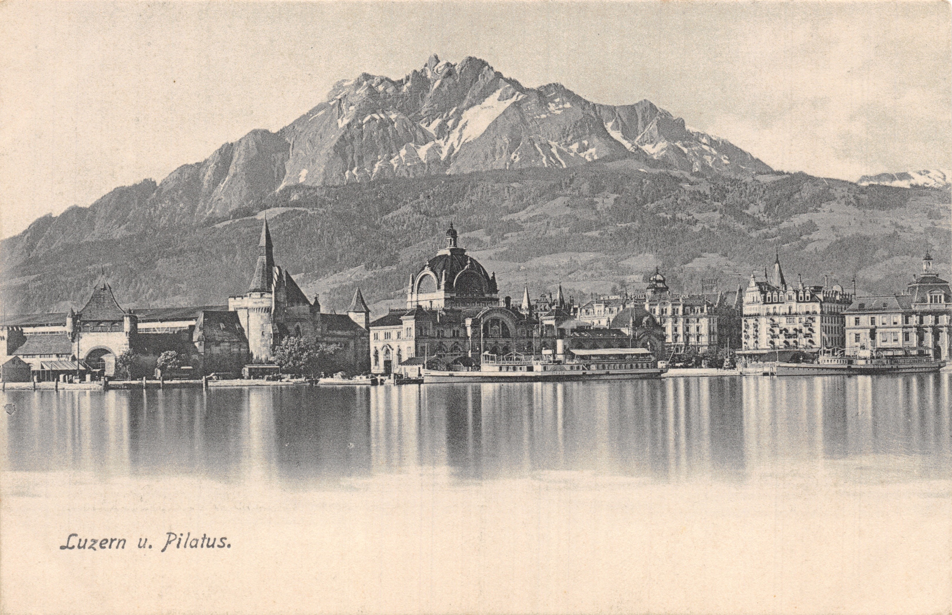 Lucerna i Pilatus — widok na jezioro z Pilatus na tle — wydawca E. Goetz, Lucerna, nr 2683