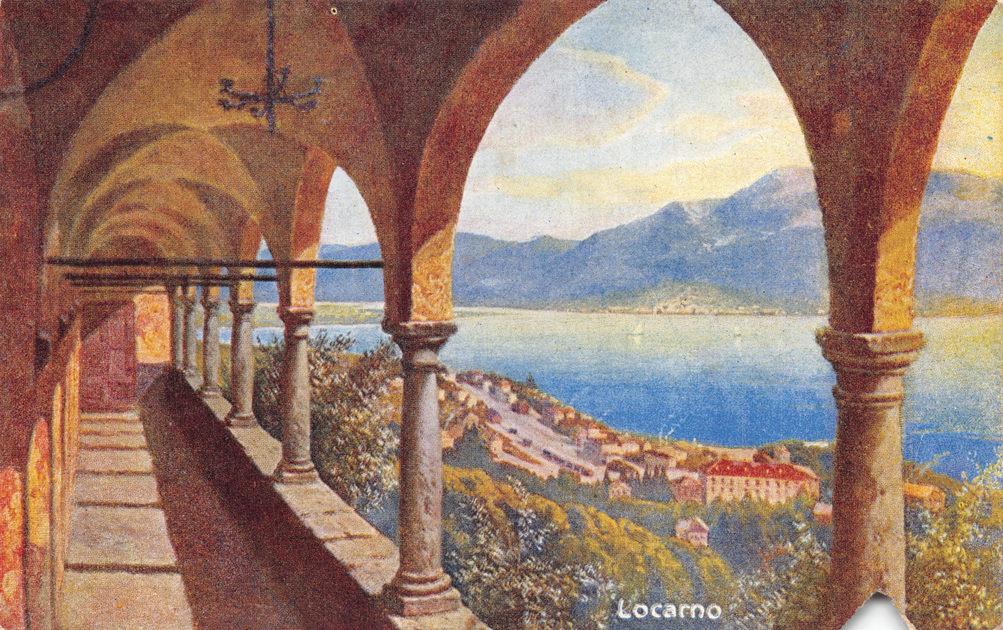 Uitzicht op Locarno — vanaf een bovenverdieping met boogvormige balustrade — uitgever ÉDITION DE LA CHOCOLATERIE D'AIGUEBELLE