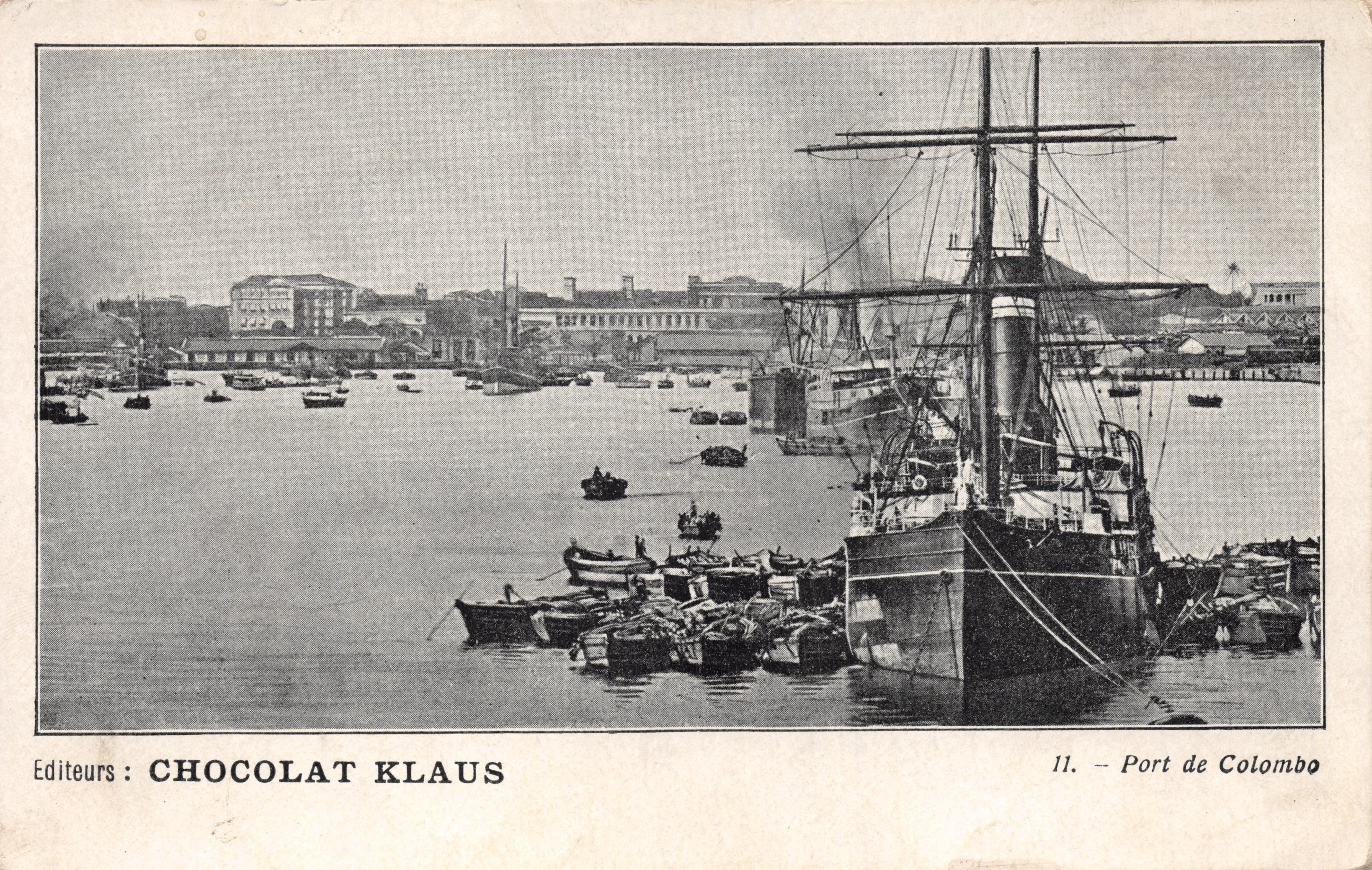 Porto di Colombo — vista del porto con nave a vapore — editore CHOCOLAT KLAUS, n. 11