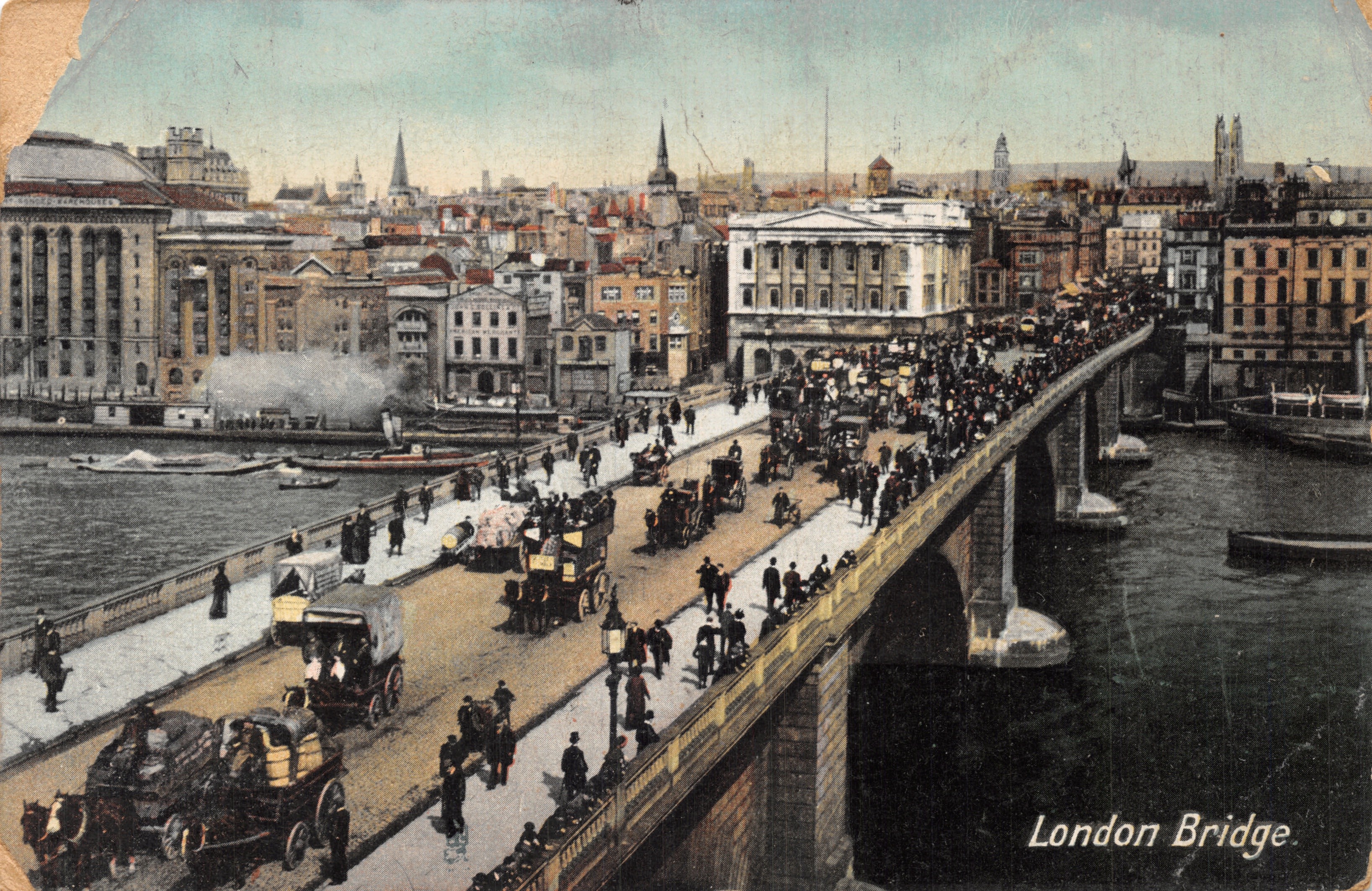 London Bridge — vista animada del puente con vehículos y peatones — editor TUCS POST CARD, serie III, n.º 911