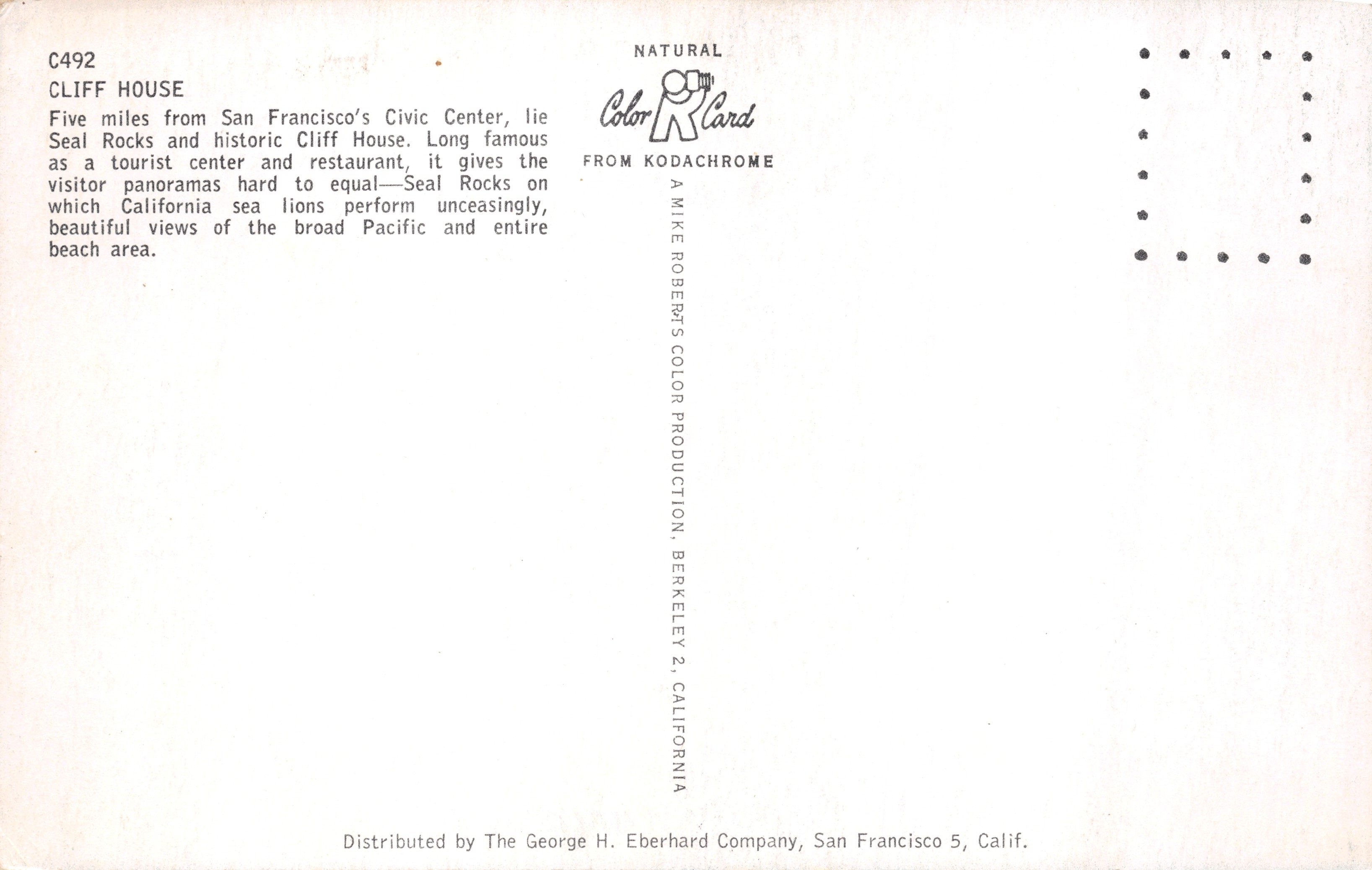 Cliff House — restaurant et centre touristique — éditeur Mike Roberts's Color Card, n° C492 — Rewers