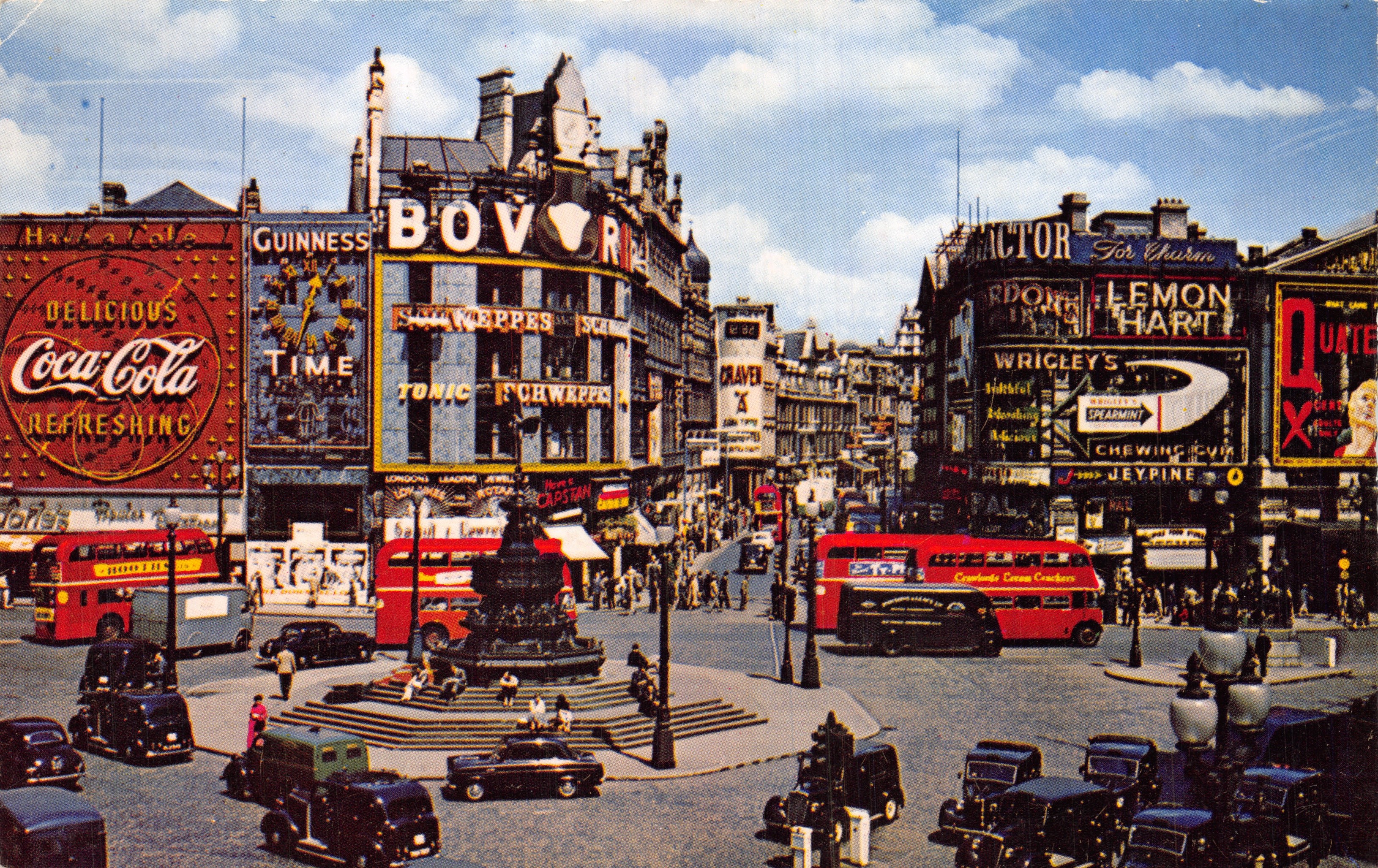 Piccadilly Circus — lively urban scene with central fountain — FESTURAL COLOUR SERIES, Middlesbrough Photographic Greeting Card Co. Ltd