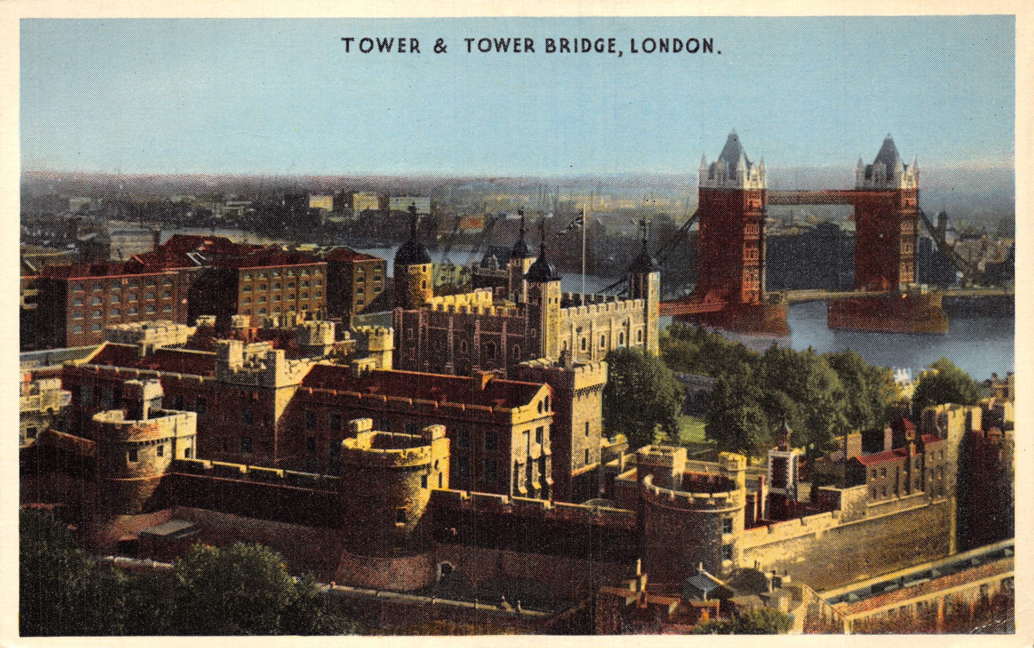 Tower & Tower Bridge, London — vue aérienne du Tower of London et du Tower Bridge, éditeur R.D. Freeman & Co., Ltd. N.W. 10