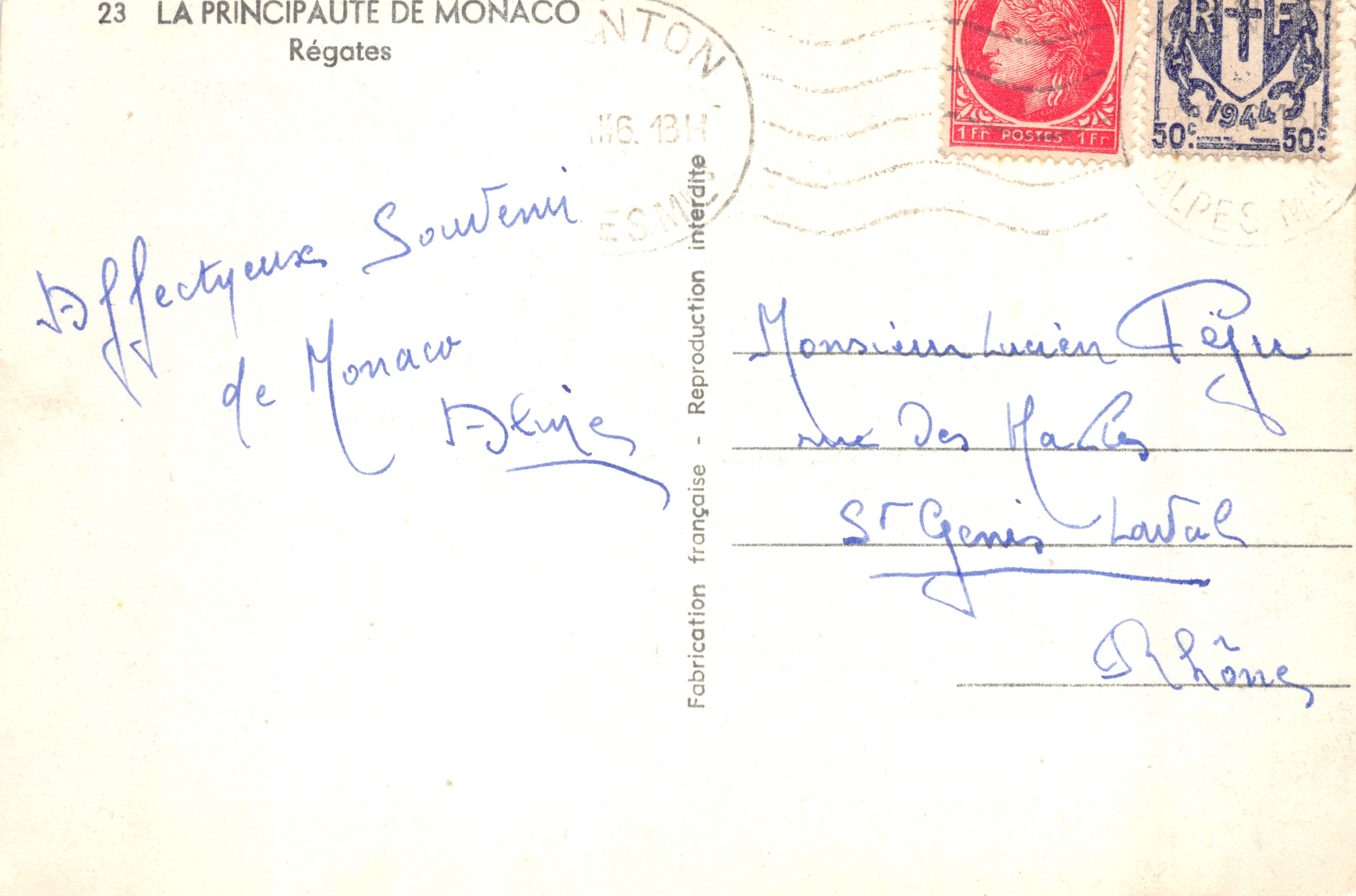 Regatas de Mónaco — vista de veleros en competición — Editor: LA PRINCIPAUTE DE MONACO — Reverso