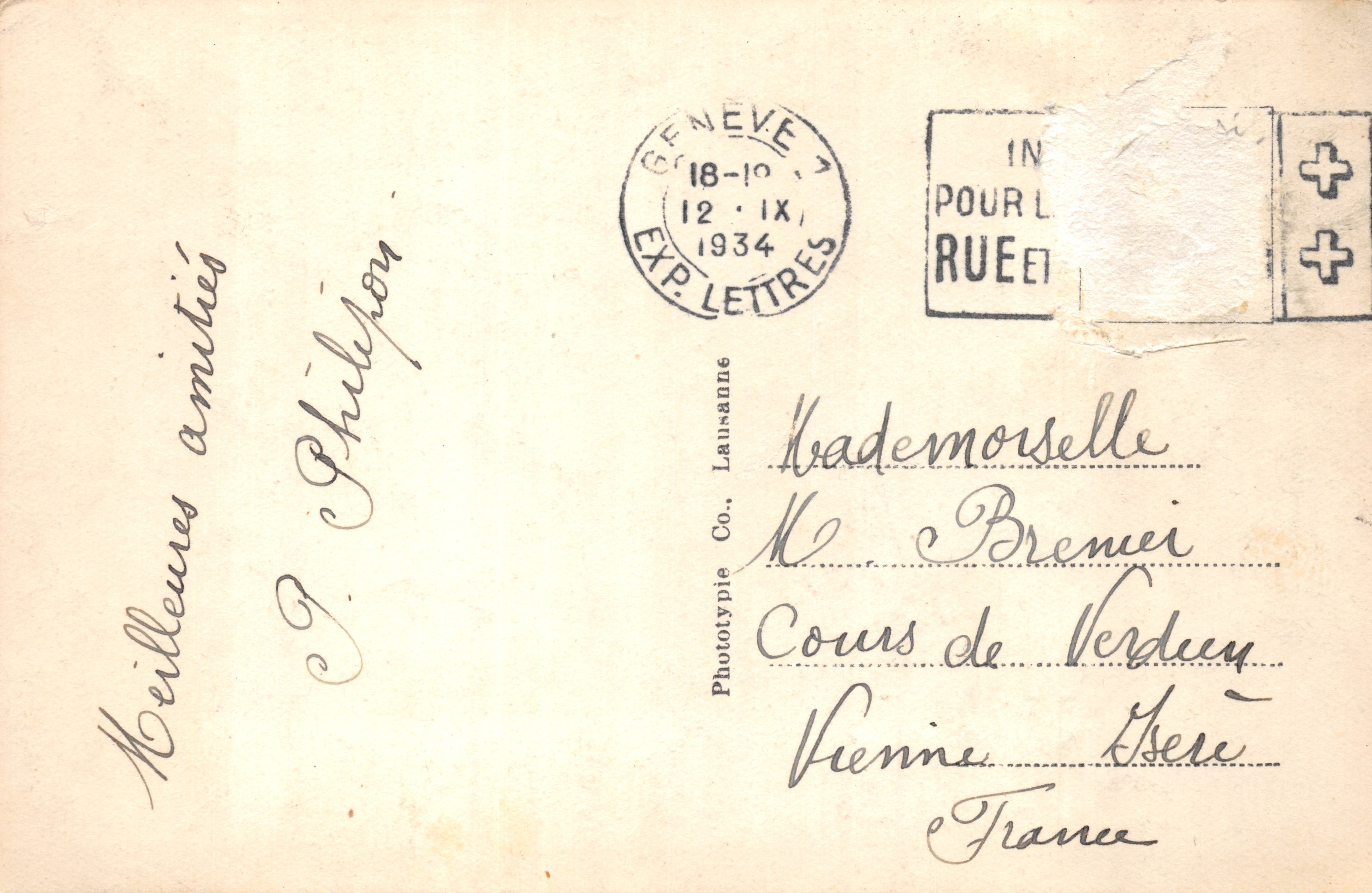 Jean Calvin — gesneden buste — Phototypie Co. Lausanne n°7336 — Achterkant
