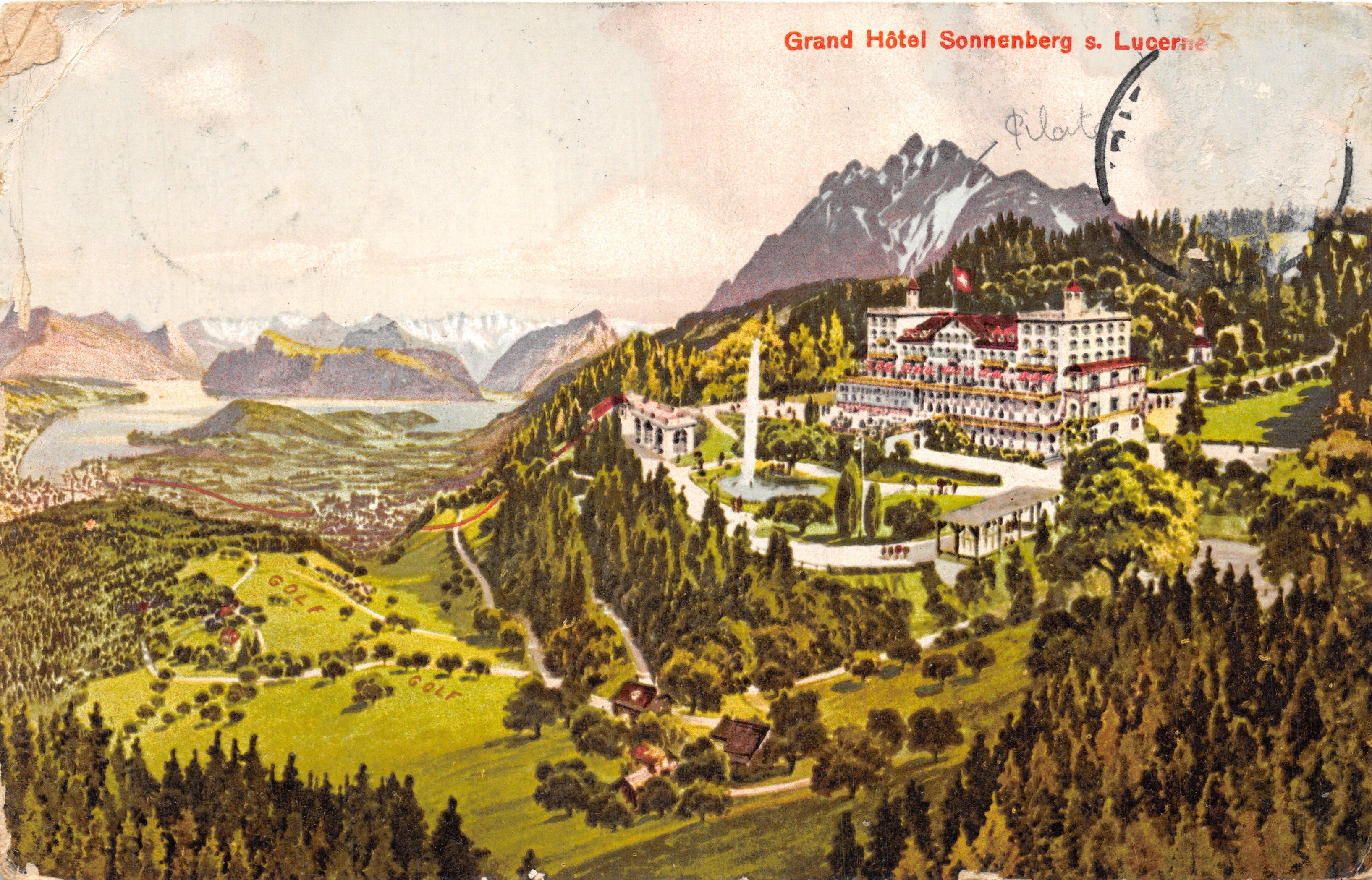 Grand Hôtel Sonnenberg s. Lucerne — vue panoramique du bâtiment et du lac avec un parcours de golf — éditeur Art. Institut Orall Füssli, Zürich