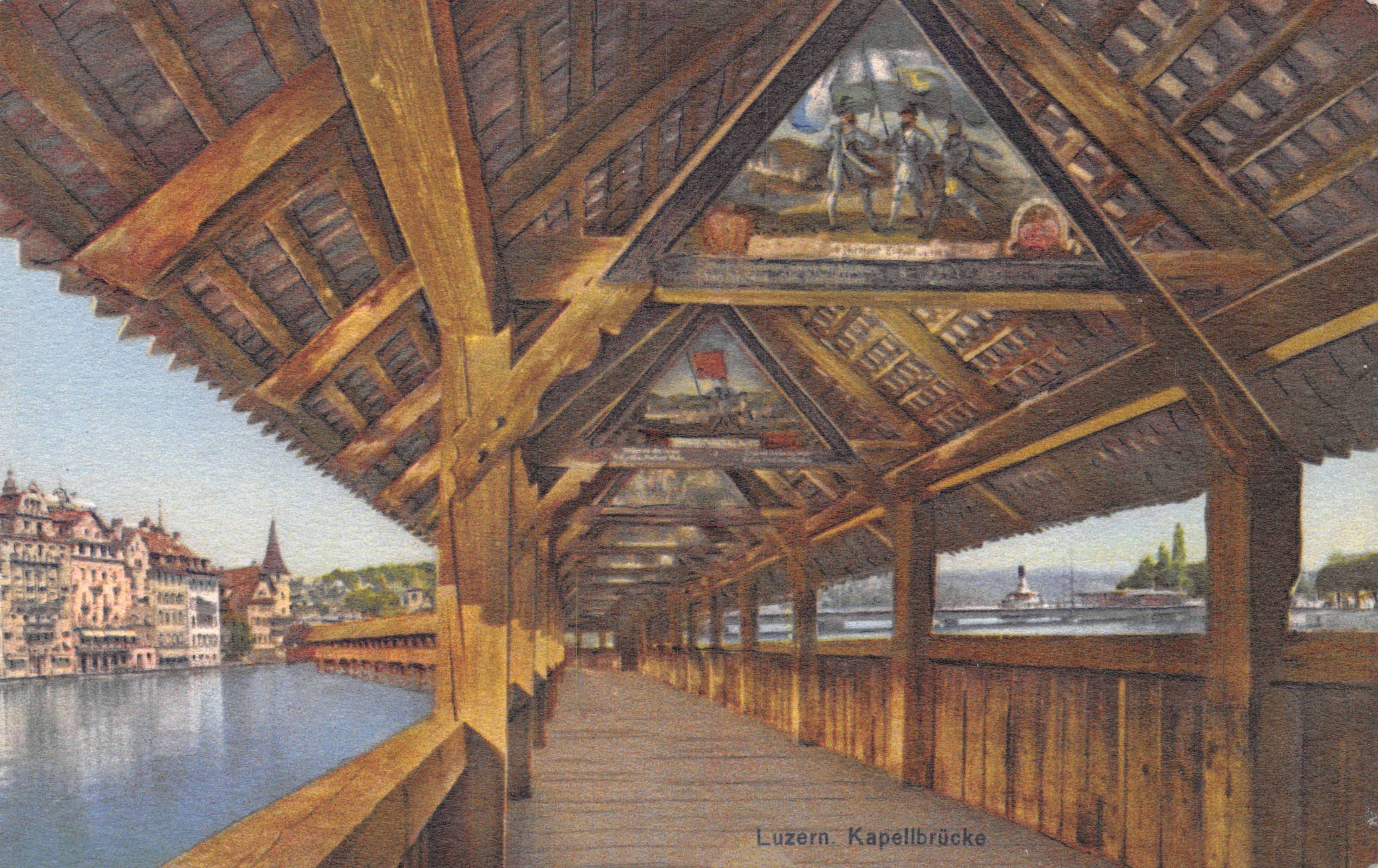 Luzern. Kapellbrücke — vue intérieure de la passerelle couverte avec fresques, éditeur Kunstverlag Th. Rietschi, n° 158