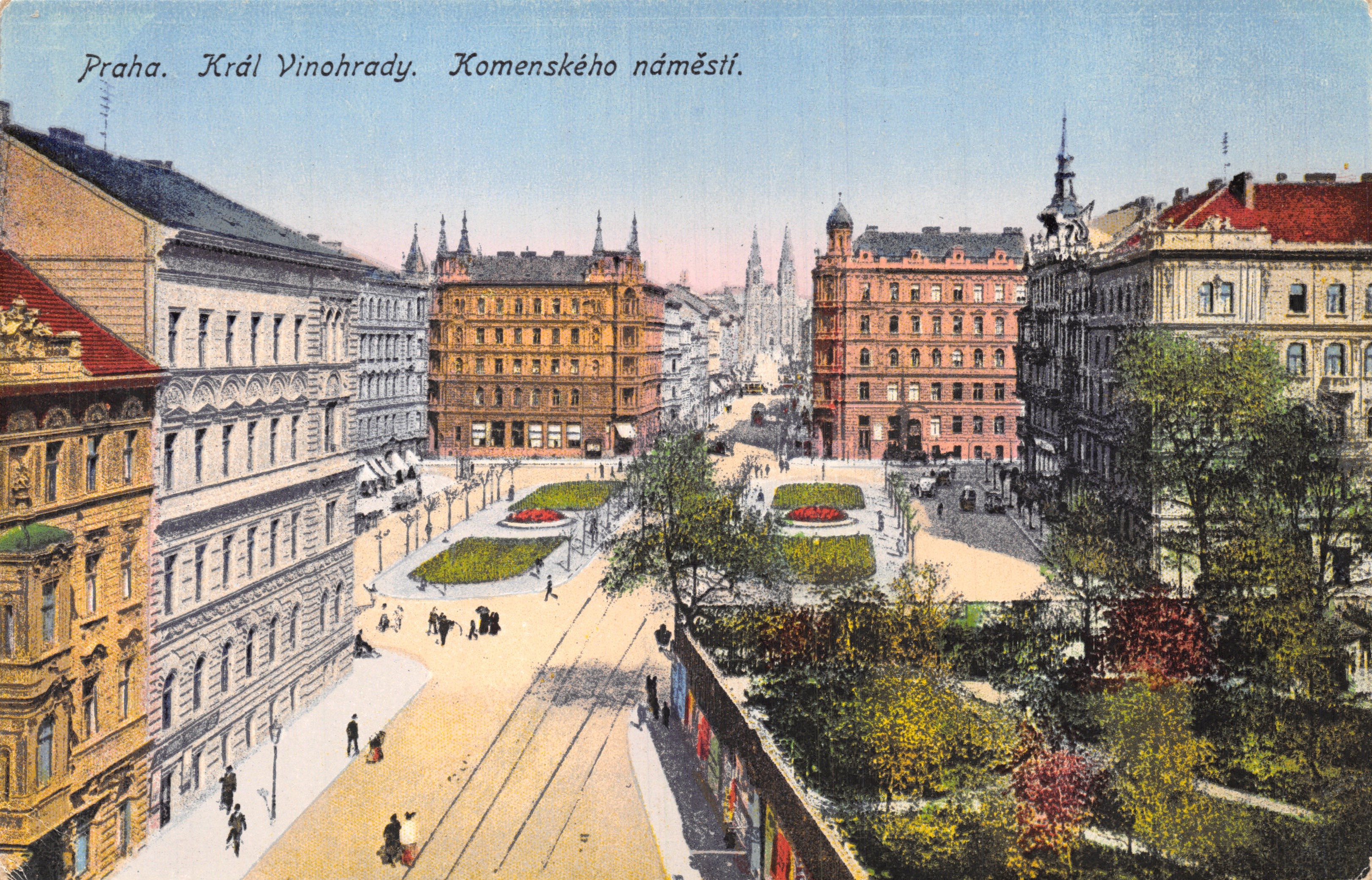 Praga. Rey Vinohrady. Plaza Komenského. — vista panorámica del lugar con tranvía y edificios históricos, editor no visible, número de serie no legible