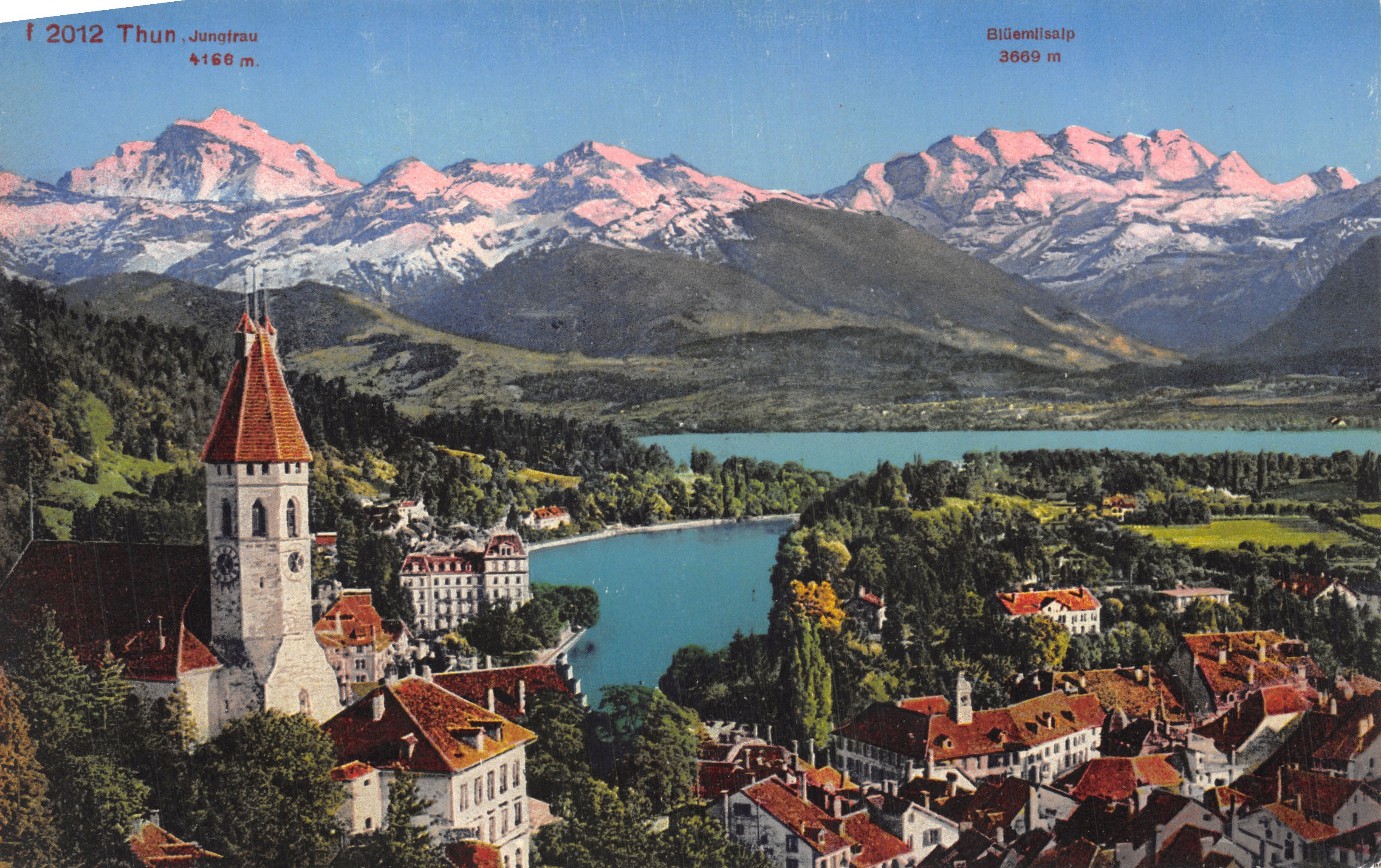 Thun, Jungfraujoch — vue panoramique avec lac et montagnes enneigées — Édition Photoglob, Zürich