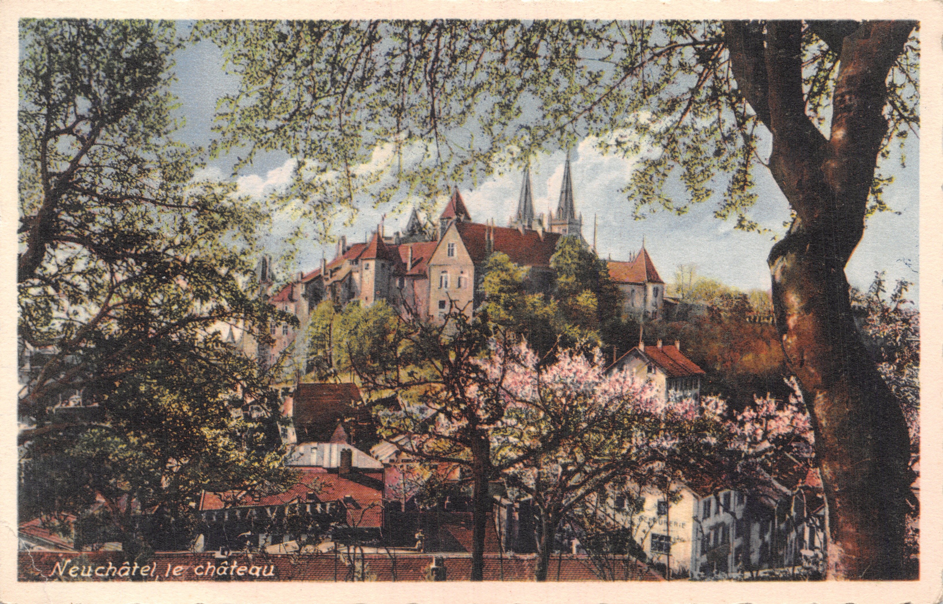 Neuchâtel, el castillo — vista desde los árboles en flor — editor Edition Guggenheim & Co., Zürich, n.º 18181