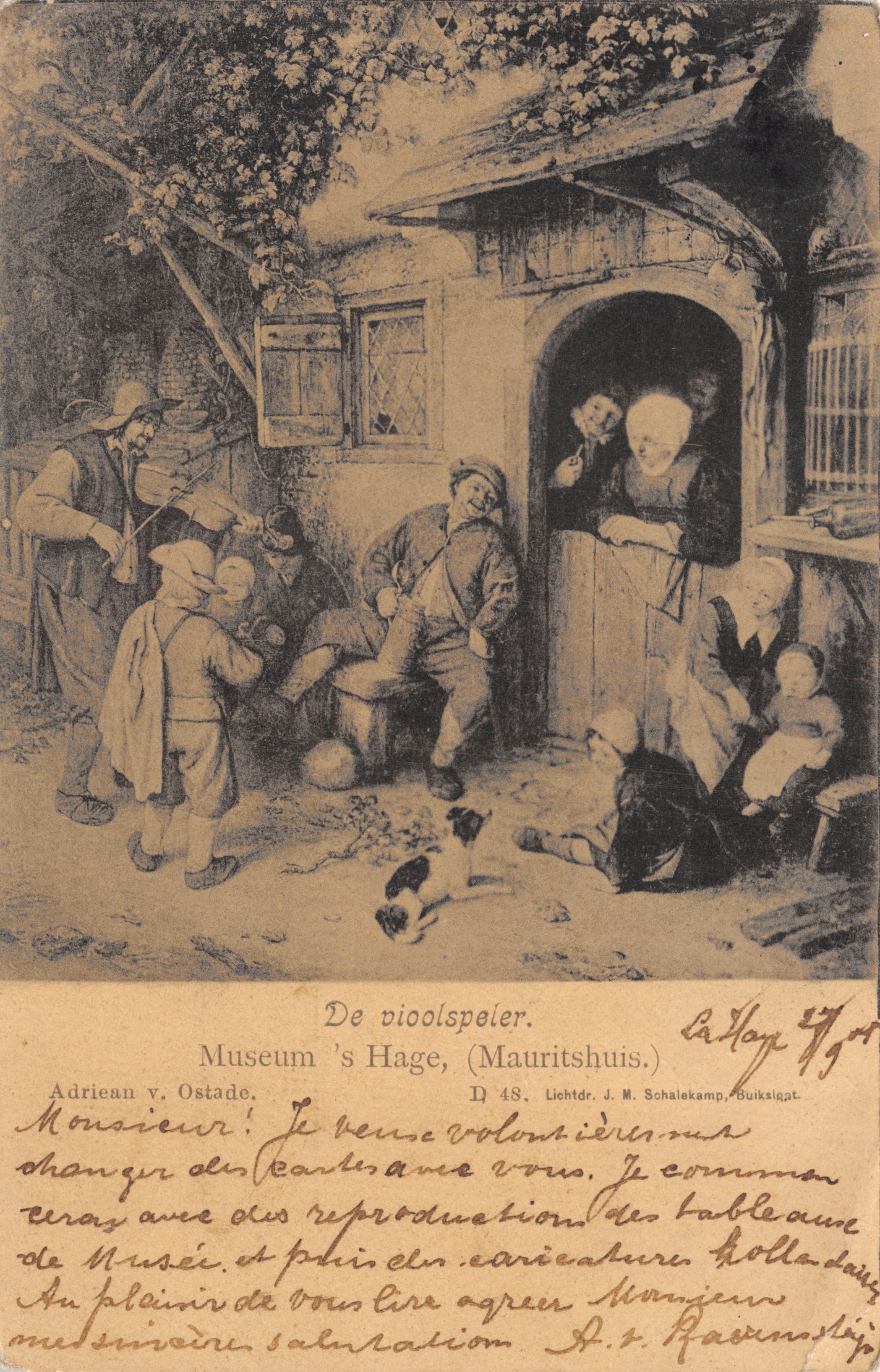 Musicista che suona il violino — scena di strada davanti a una casa — editore D. 48. Stampa a luce. J. M. Schalekamp, Buiksloot