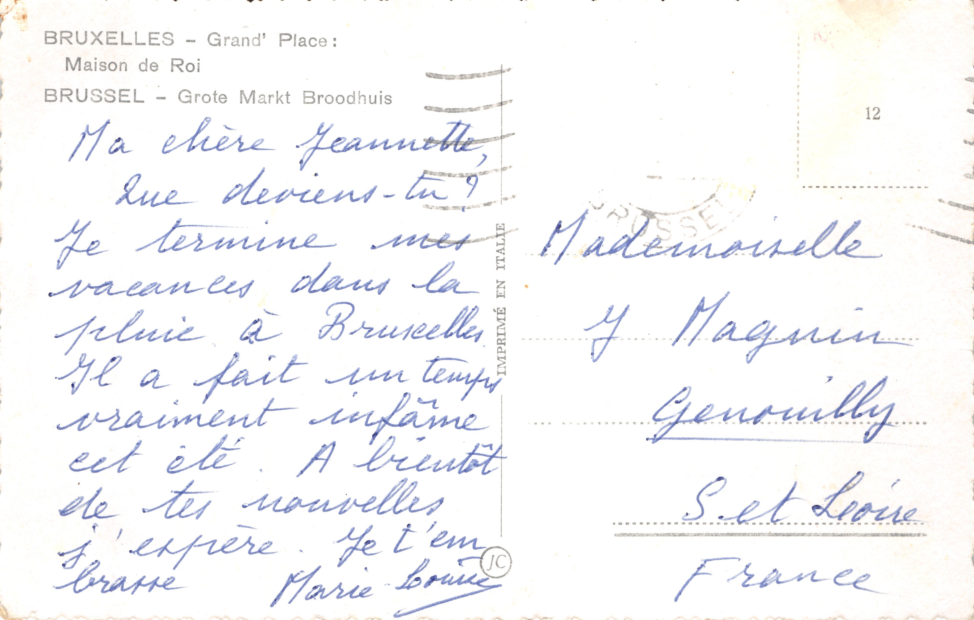 Bruxelles - Grand' Place : Maison de Roi — éditeur IMPRIMÉ SUR LA CARTE n°12 — Verso