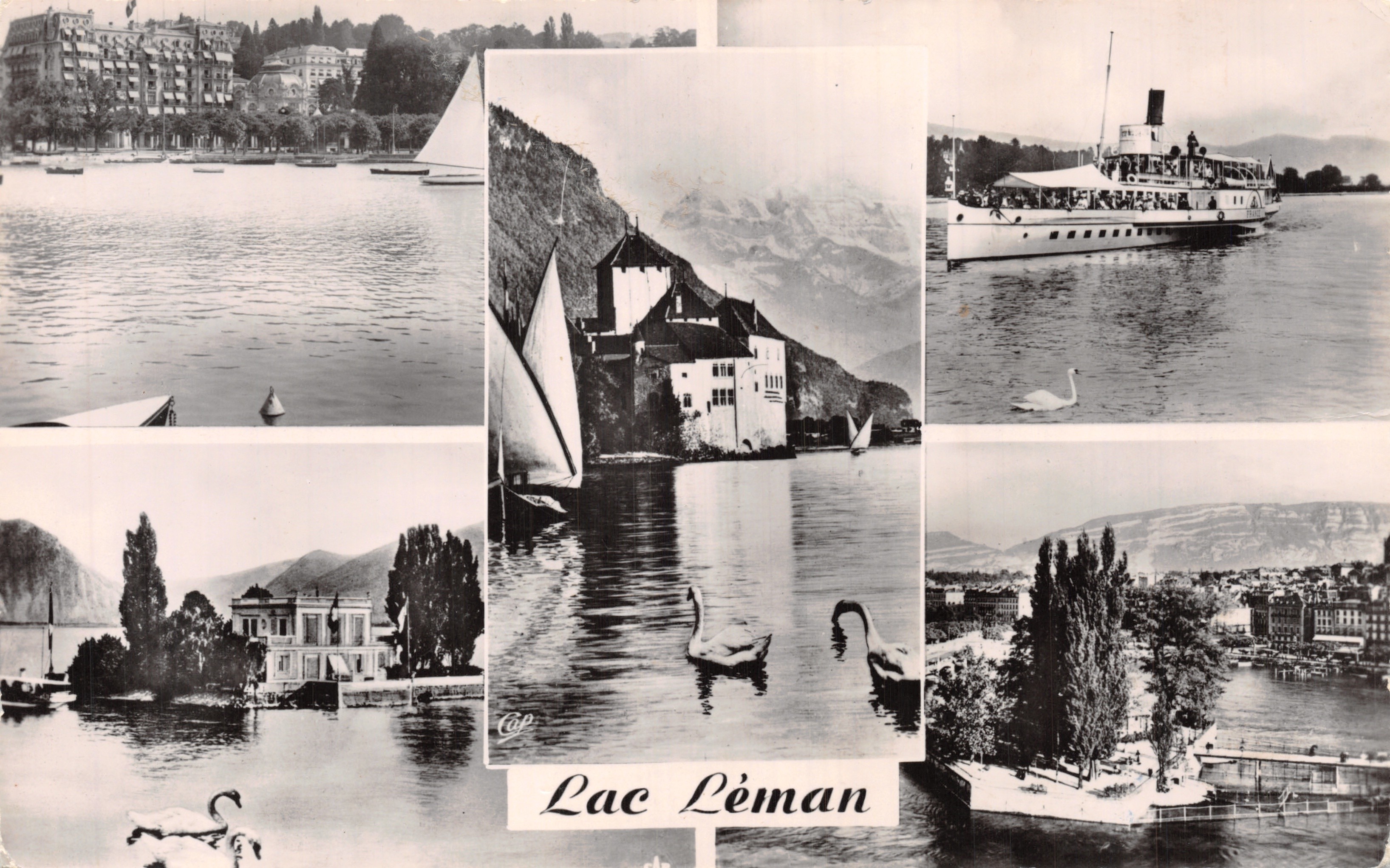Lake Léman — panoramic view with castle, sailboats and steamer — publisher Réal-Photo