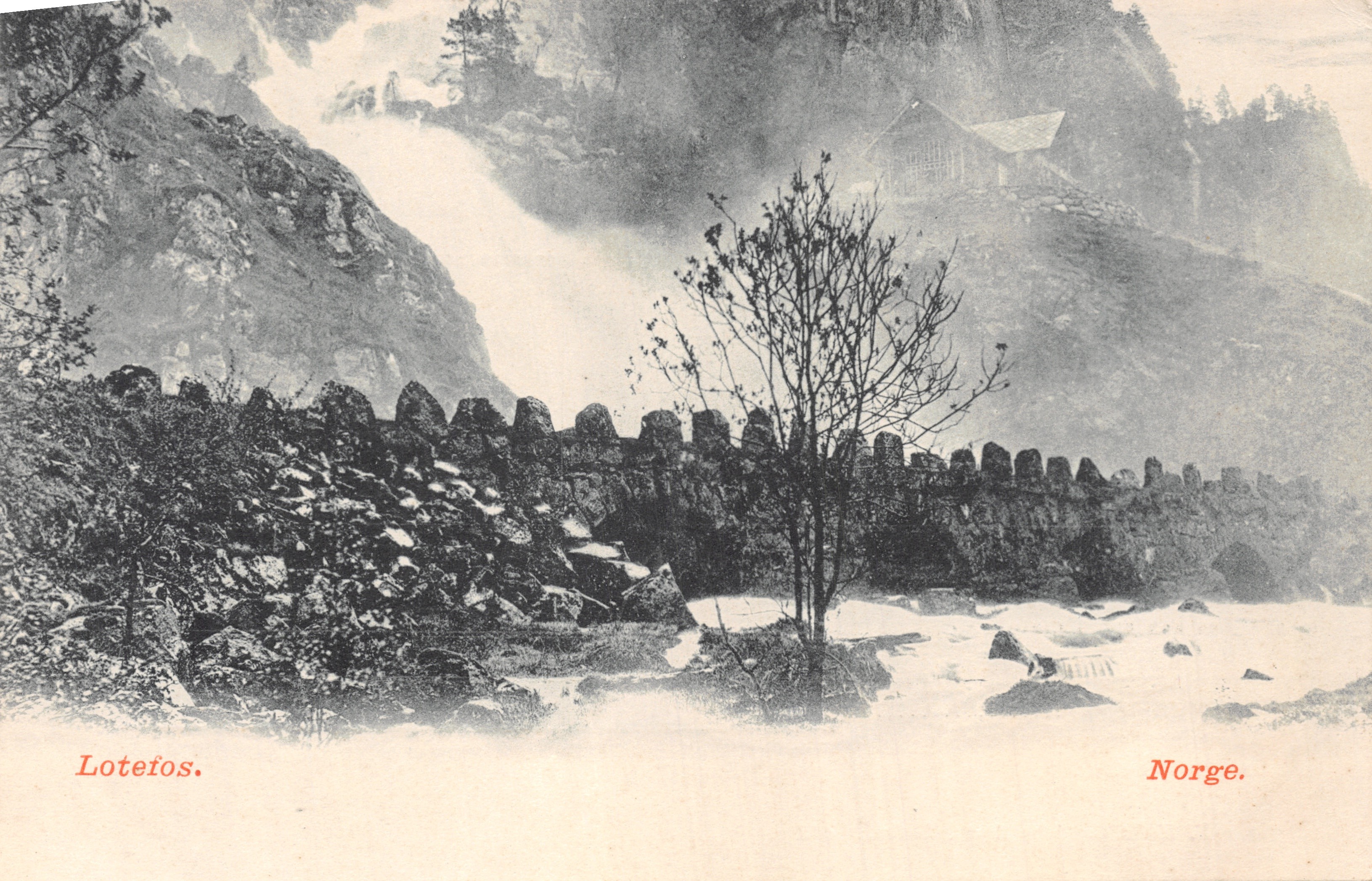 Lotefos — Wasserfall und schneedecktes Haus — Verlag Oscar E. Kulls Grafiska Anst., Malmö
