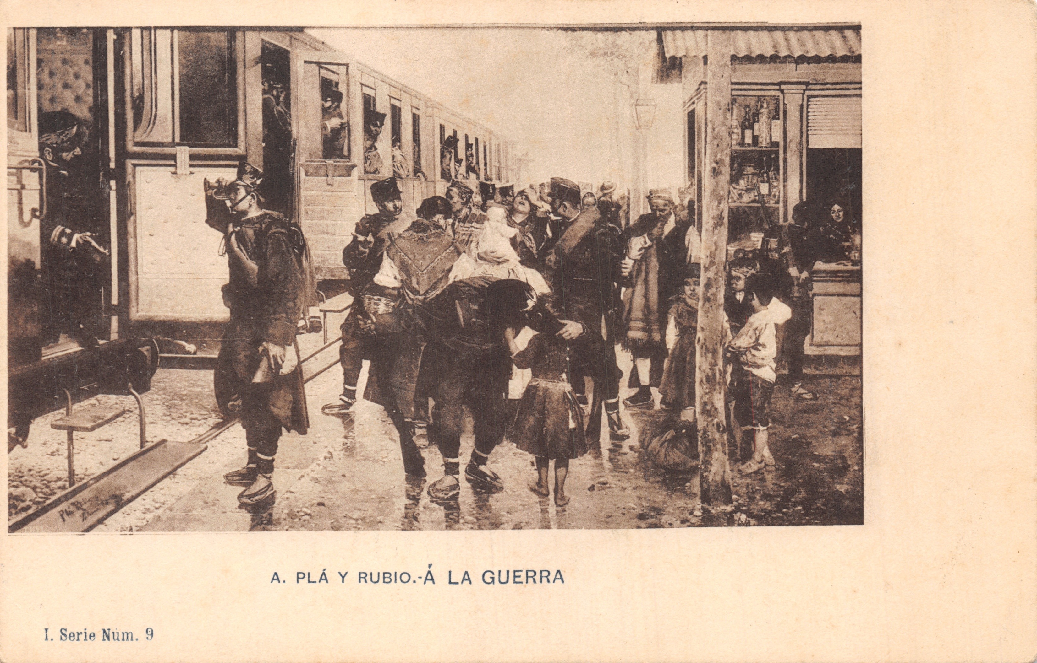 Soldats et civils à la gare — scène de départ — A. Plá y Rubio, série Núm. 9