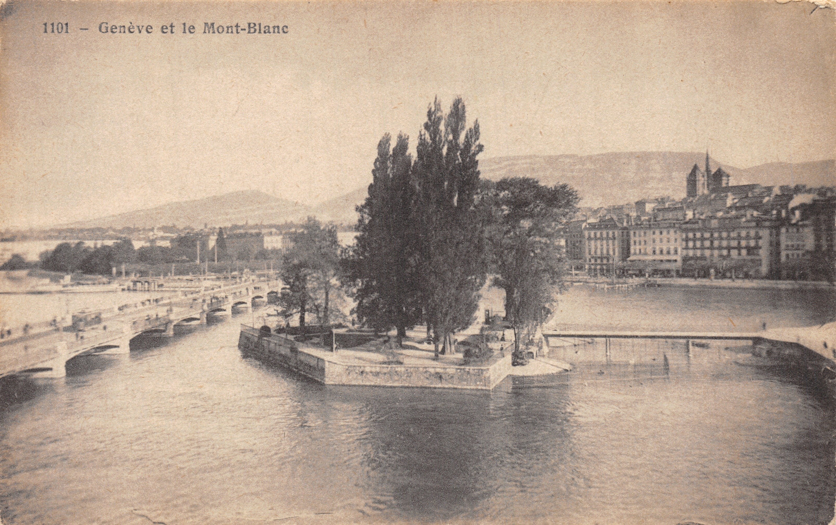 Genève en de Mont-Blanc — uitzicht op het meer met bosje en bruggen — Phototypie Co., Neuchâtel, n° 1101