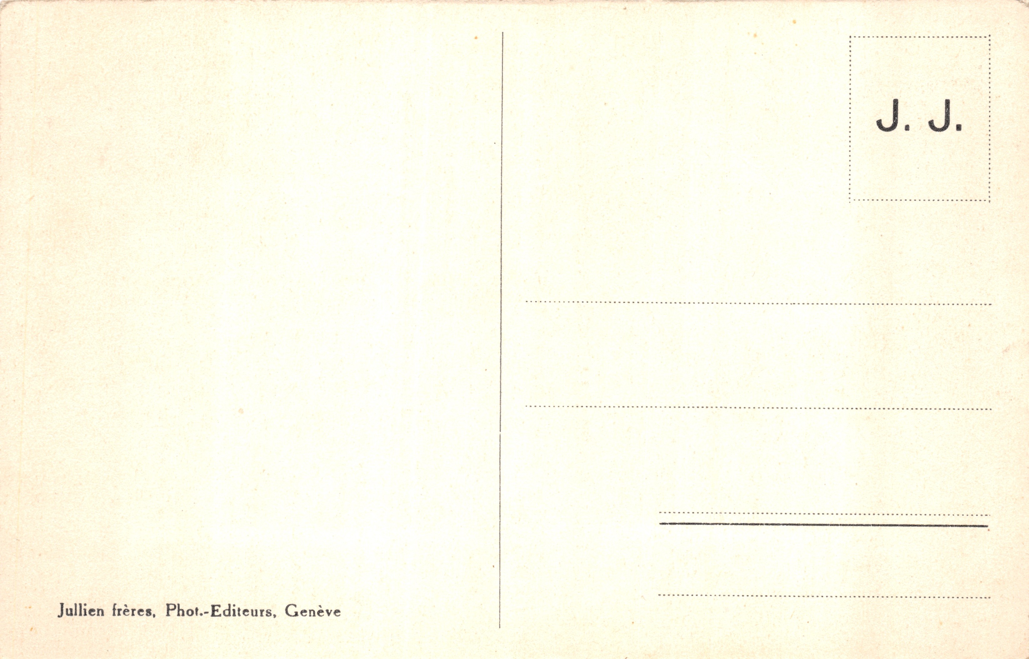 Genève. De haven en de Mont-Blanc — zicht op de haven met zeilboten, de Quai Wilson, het Parc Mon-Repos en de fontein van de Eaux-Vives, uitgever Jullien frères, Genève, n° (6403) — Achterkant
