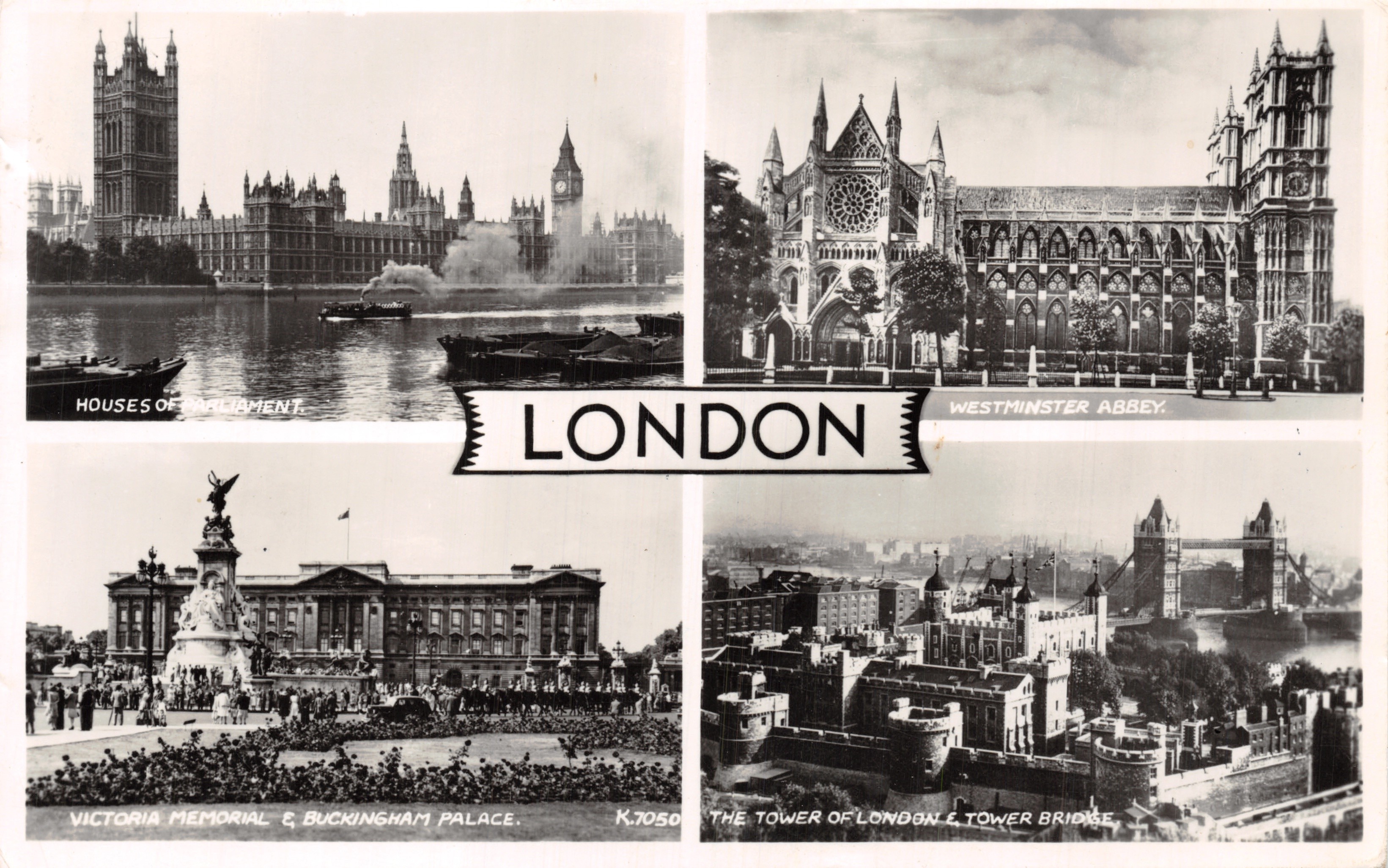 Londres — vue composite des monuments (Houses of Parliament, Westminster Abbey, Victoria Memorial & Buckingham Palace, Tower of London & Tower Bridge) — Valentine's Ltd. Dundee and London, n° K.7050