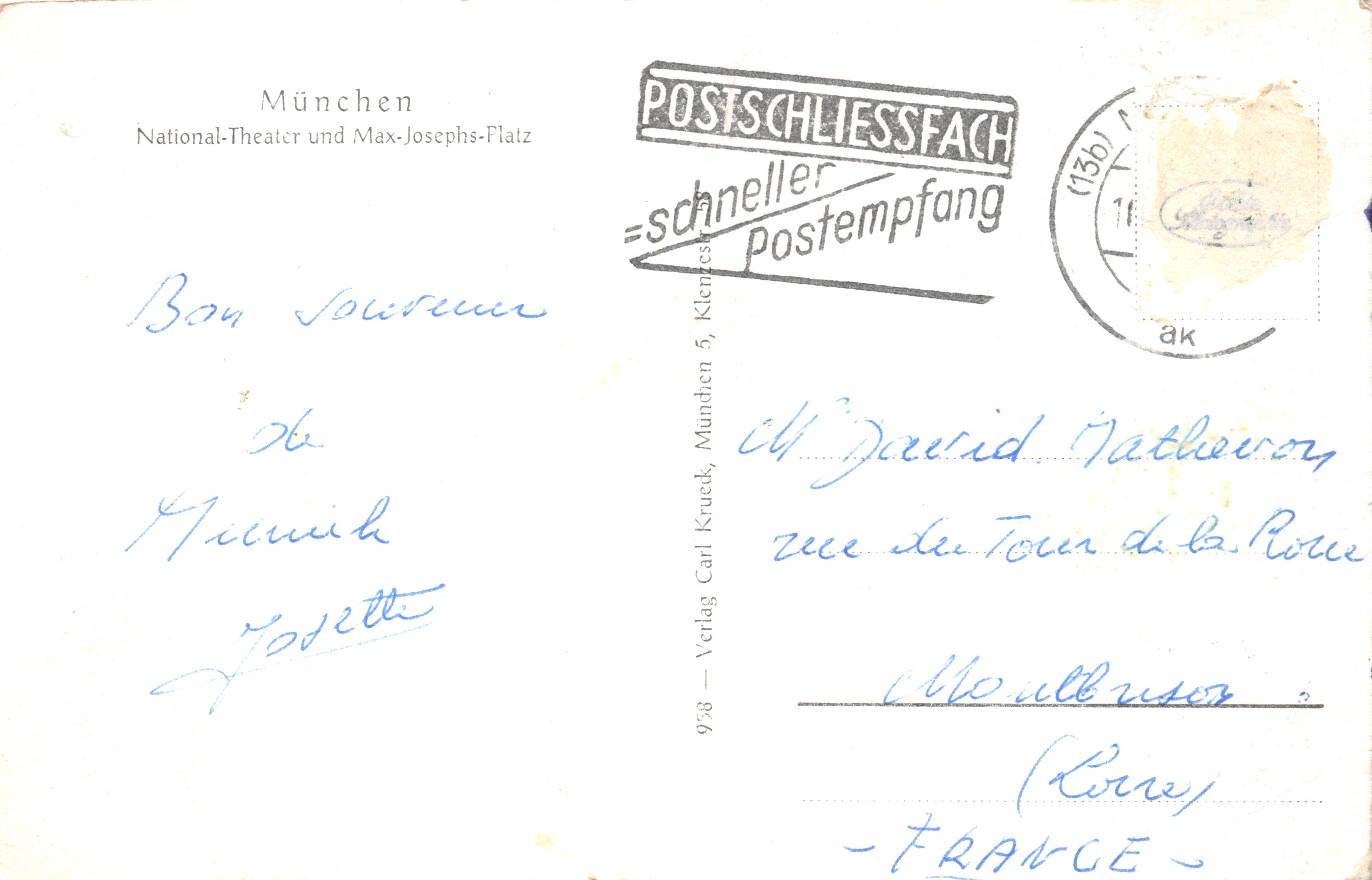 Munich. Teatro Nazionale e Piazza Max-Josephs — editore Verlag Carl Kruck, n. 938 — Verso