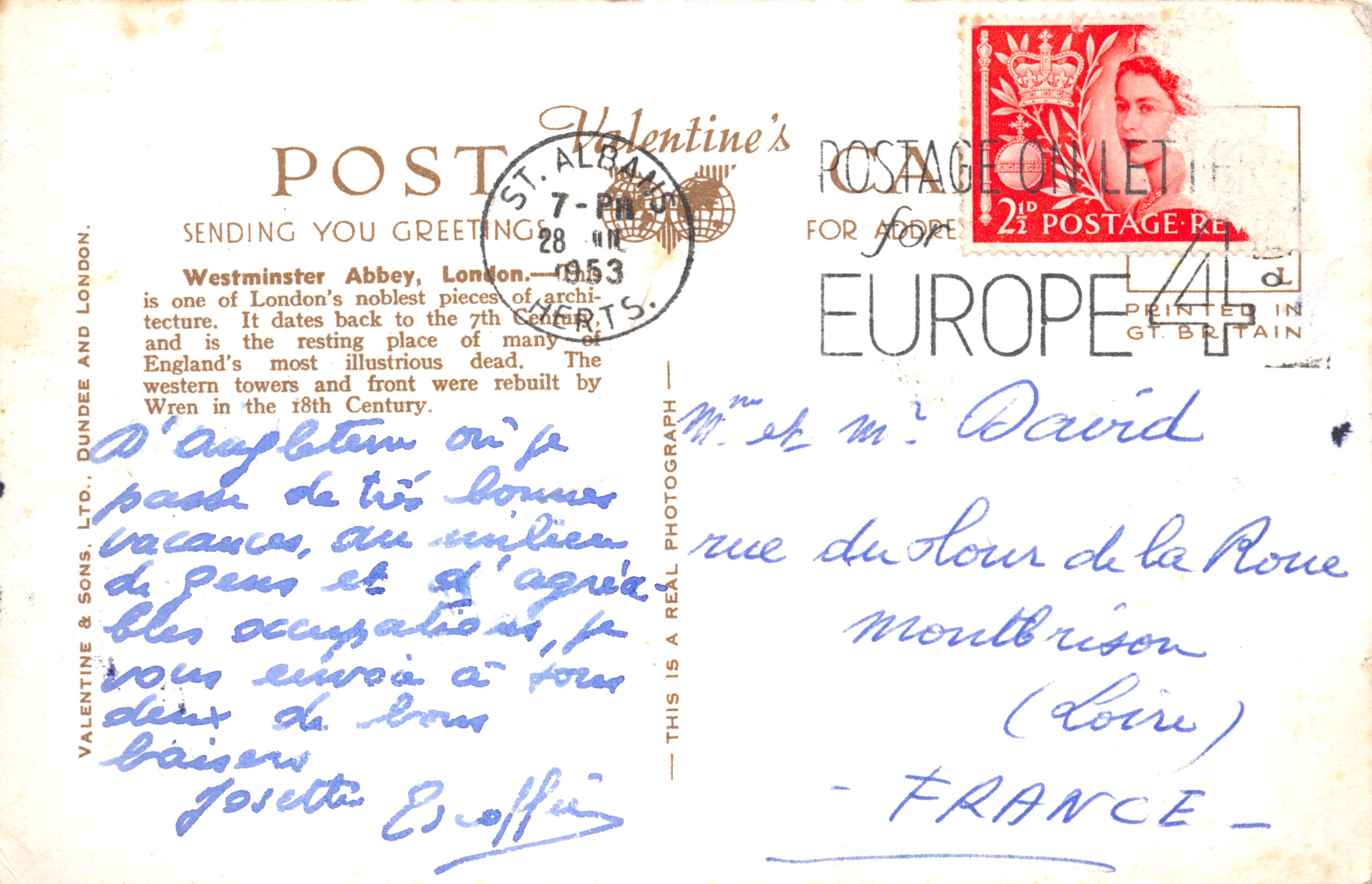 West Towers, Westminster Abbey, London — vue des tours ouest, éditeur Valentine's, n° H 6047 — Reverso