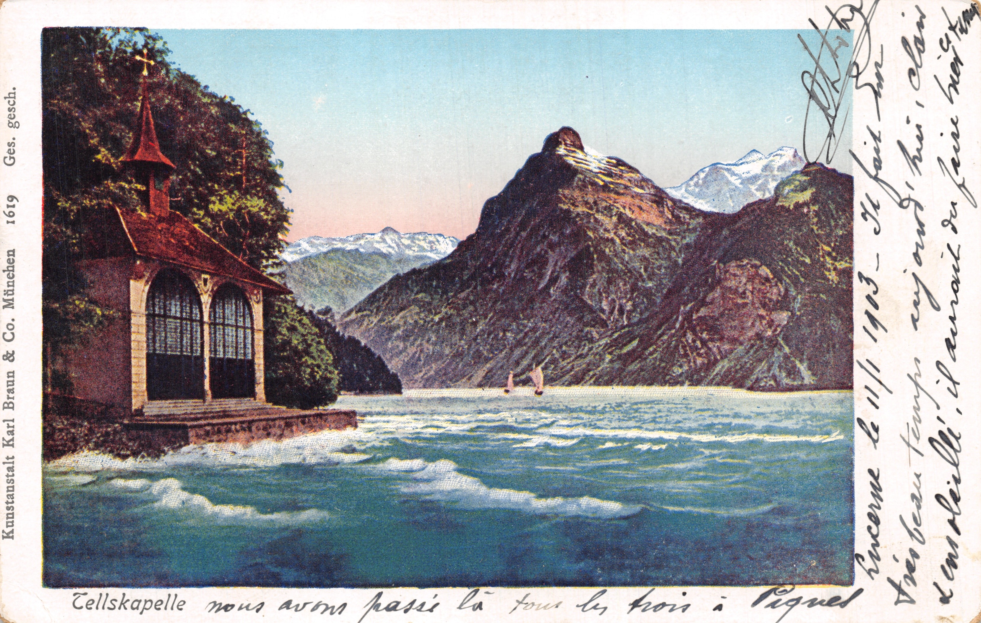 Tellskapelle — chapelle sur le lac avec montagnes en arrière-plan — Kunstanstalt Karl Braun & Co. München, n° 1619